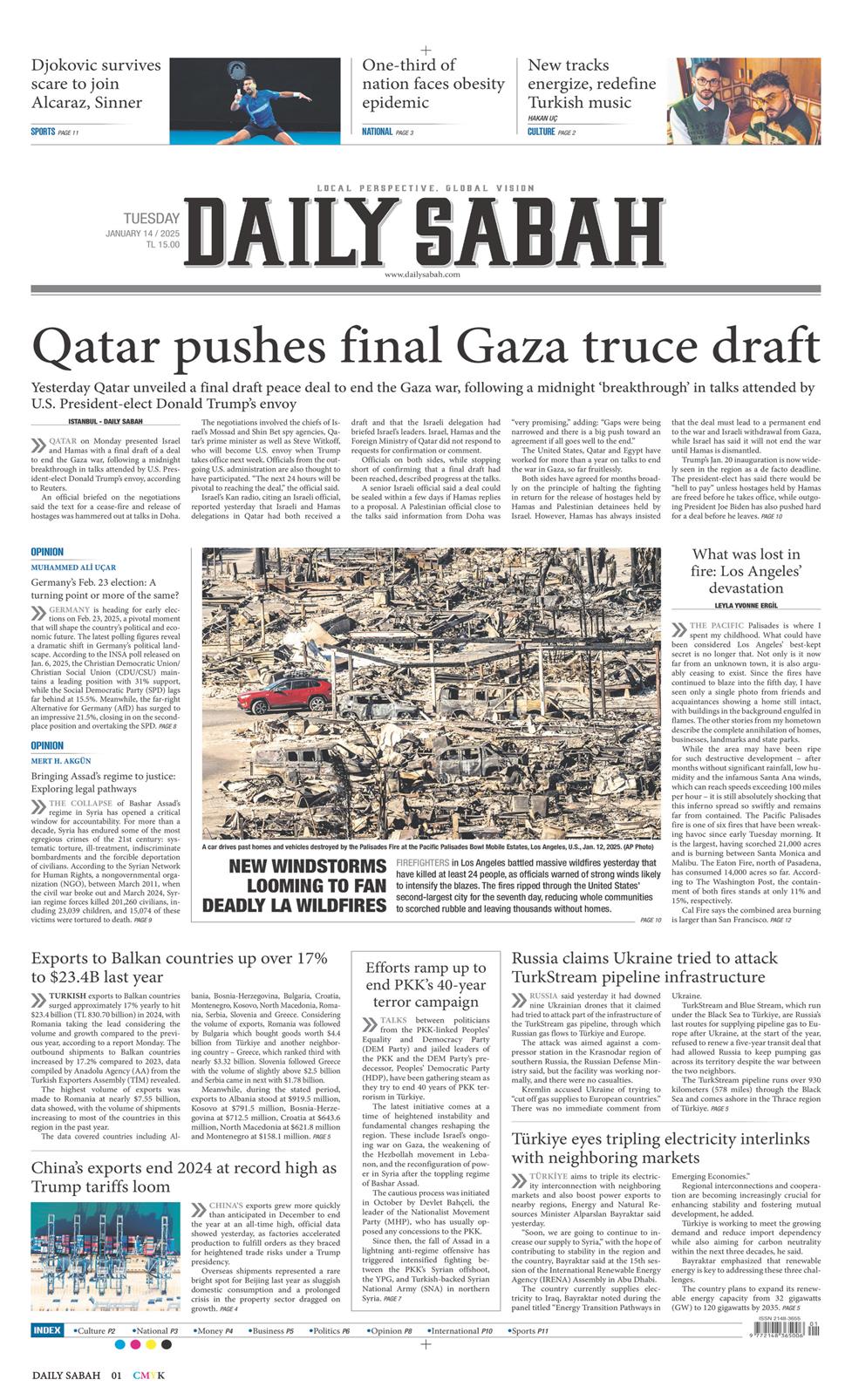 14 Ocak 2025 Salı - Daily Sabah gazetesi manşet
