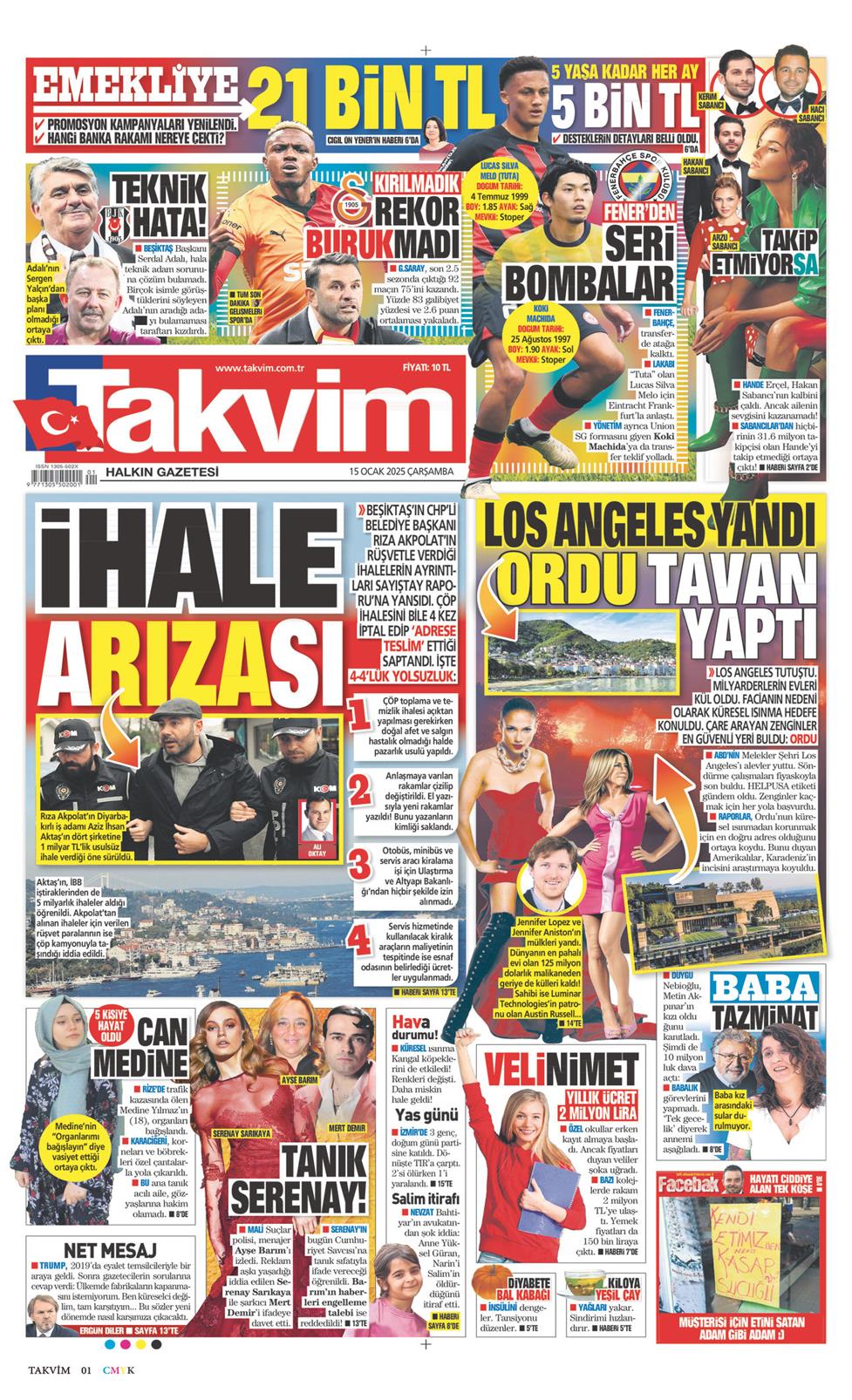 15 Ocak 2025 Çarşamba - Takvim gazetesi manşet
