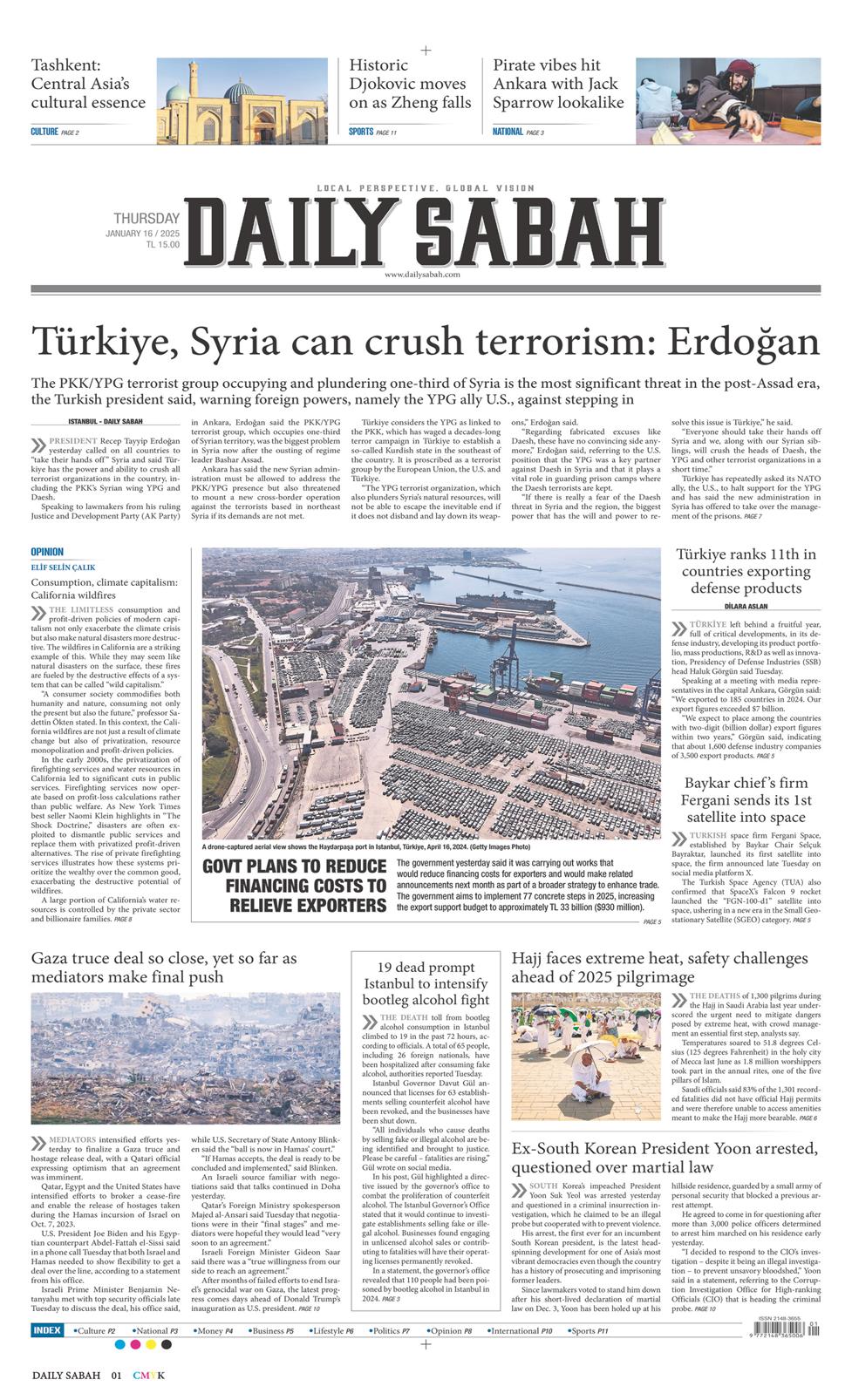 16 Ocak 2025 Perşembe - Daily Sabah gazetesi manşet