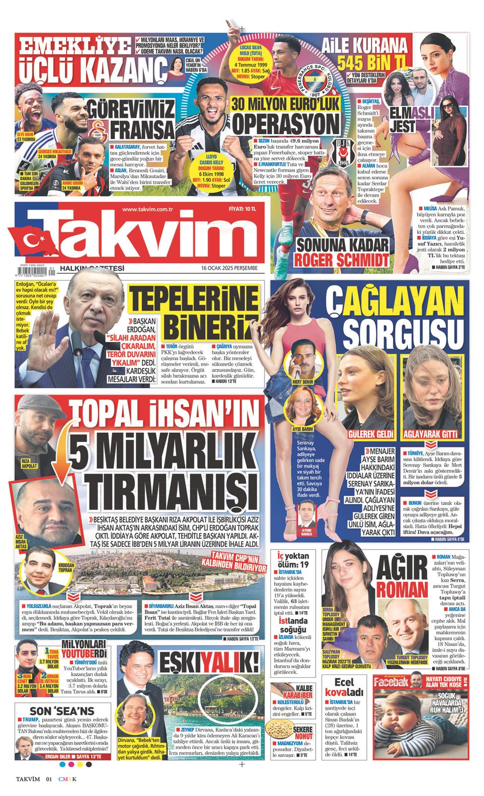 16 Ocak 2025 Perşembe - Takvim gazetesi manşet