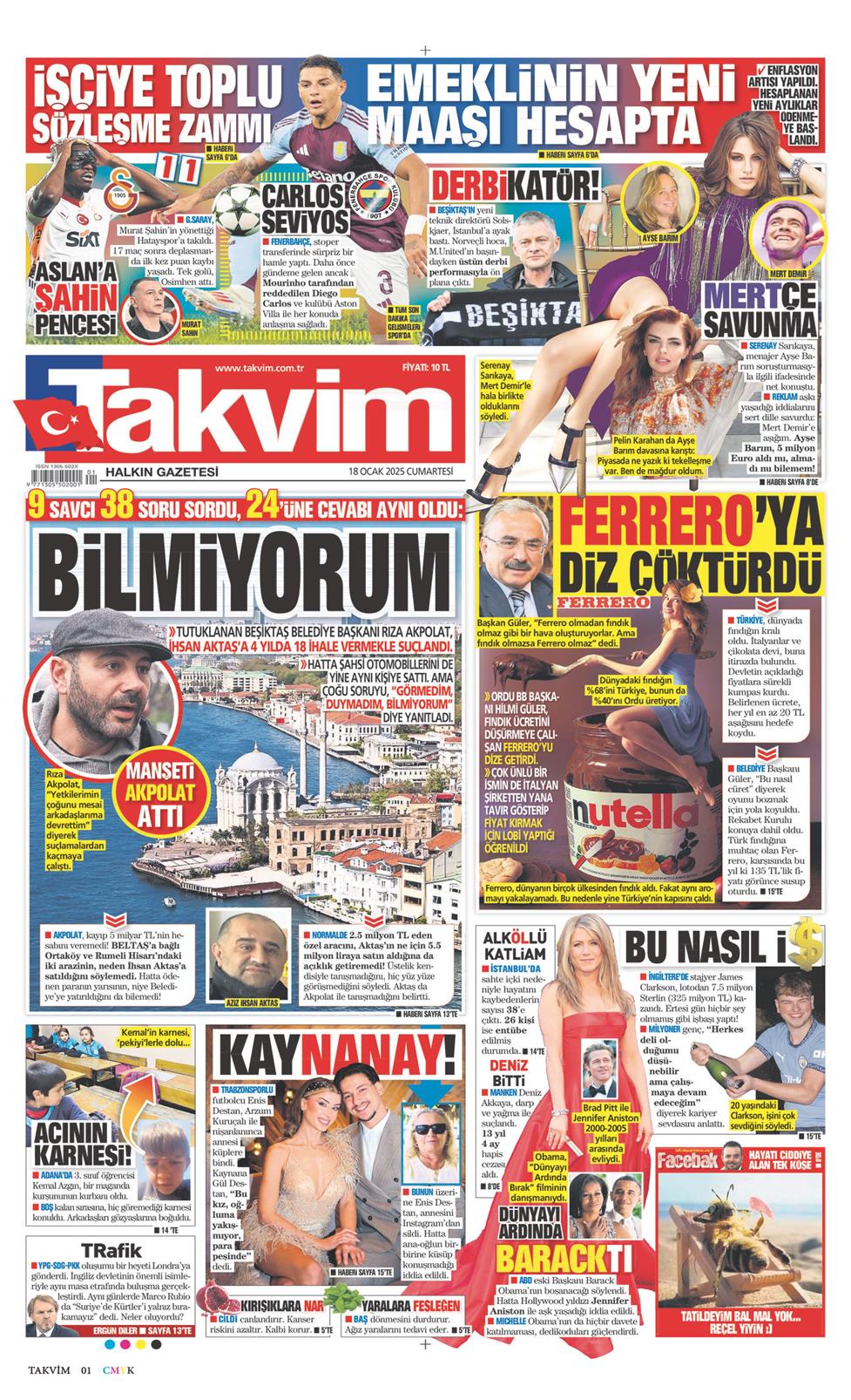 18 Ocak 2025 Cumartesi - Takvim gazetesi manşet