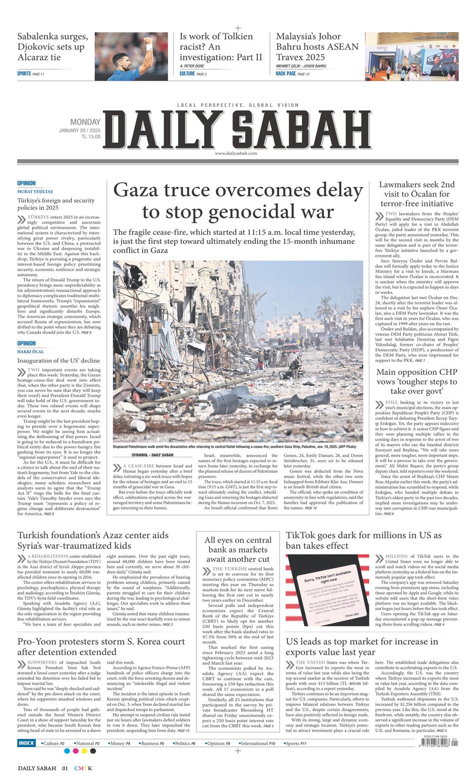 20 Ocak 2025 Pazartesi - Daily Sabah gazetesi manşet