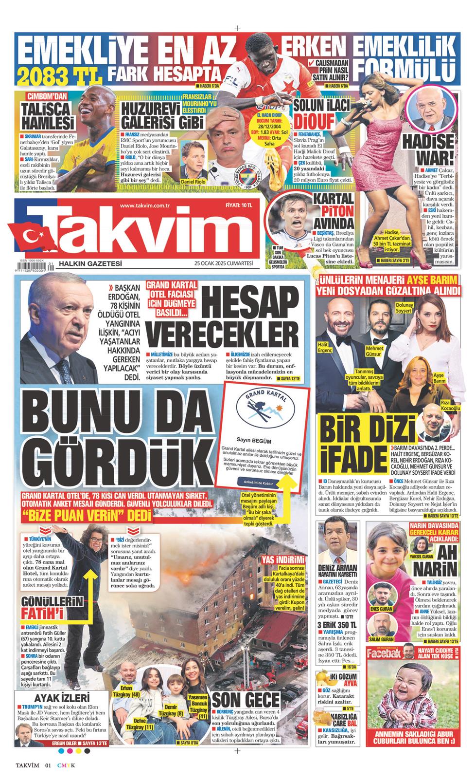 25 Ocak 2025 Cumartesi - Takvim gazetesi manşet