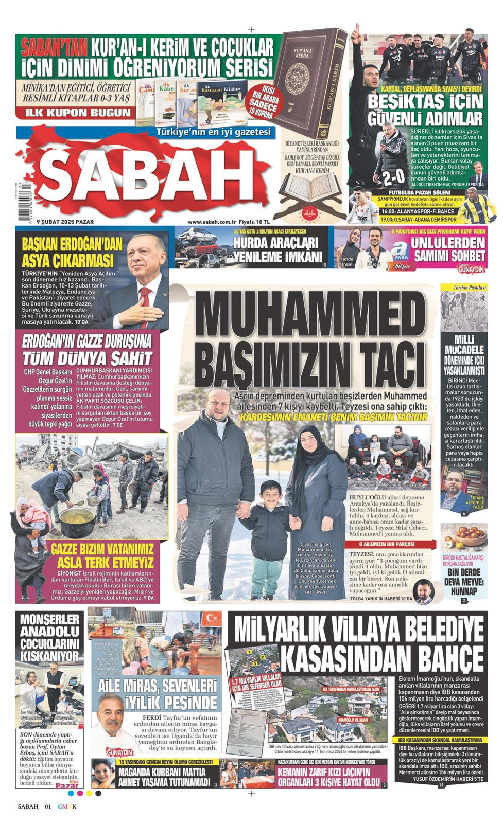09 Şubat 2025 Pazar - Sabah gazetesi manşet