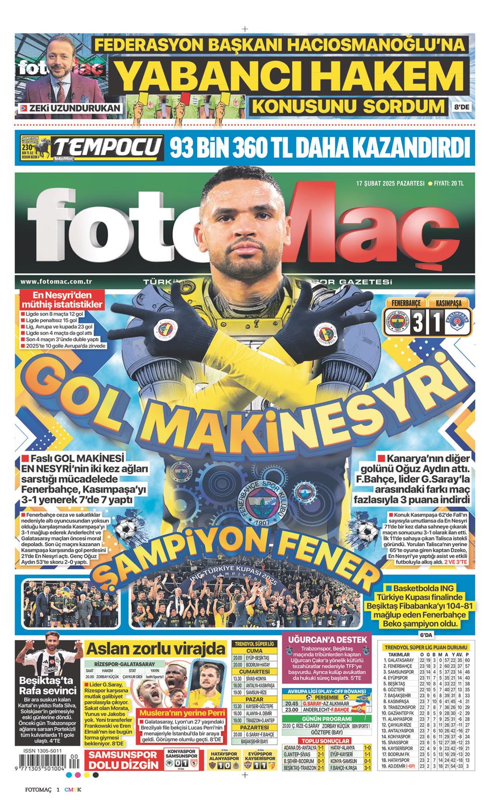 17 Şubat 2025 Pazartesi - Fotomaç gazetesi manşet