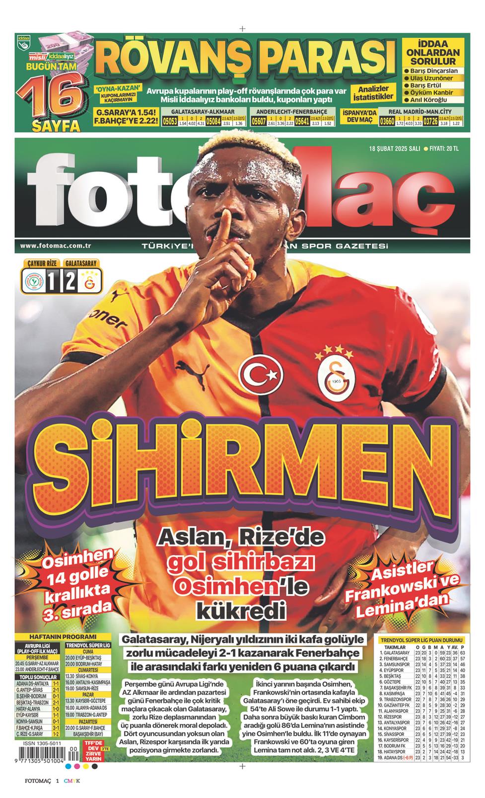 18 Şubat 2025 Salı - Fotomaç gazetesi manşet