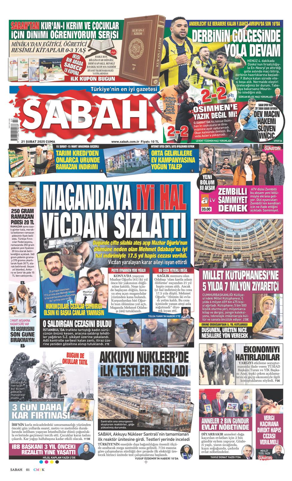 21 Şubat 2025 Cuma - Sabah gazetesi manşet