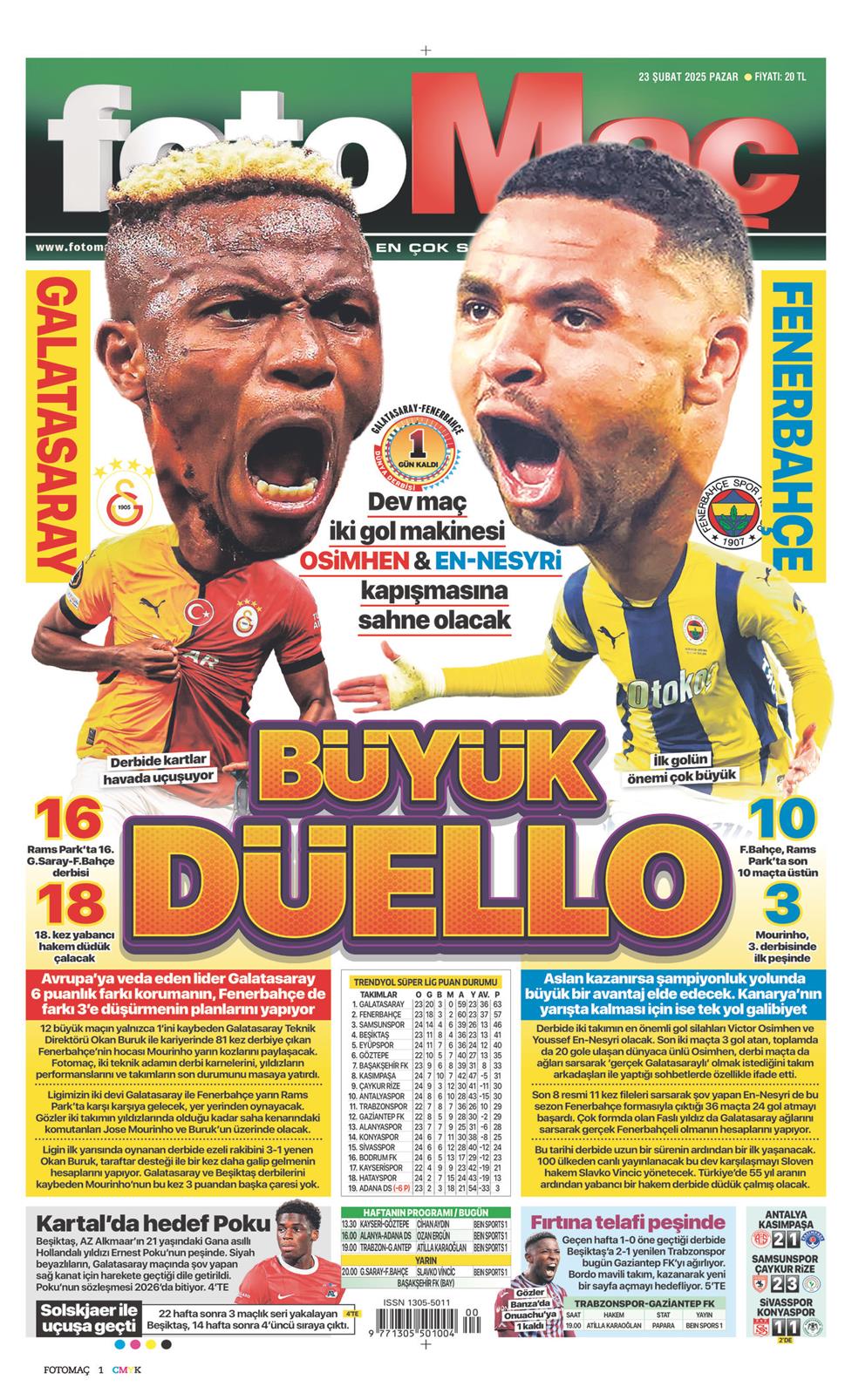 23 Şubat 2025 Pazar - Fotomaç gazetesi manşet