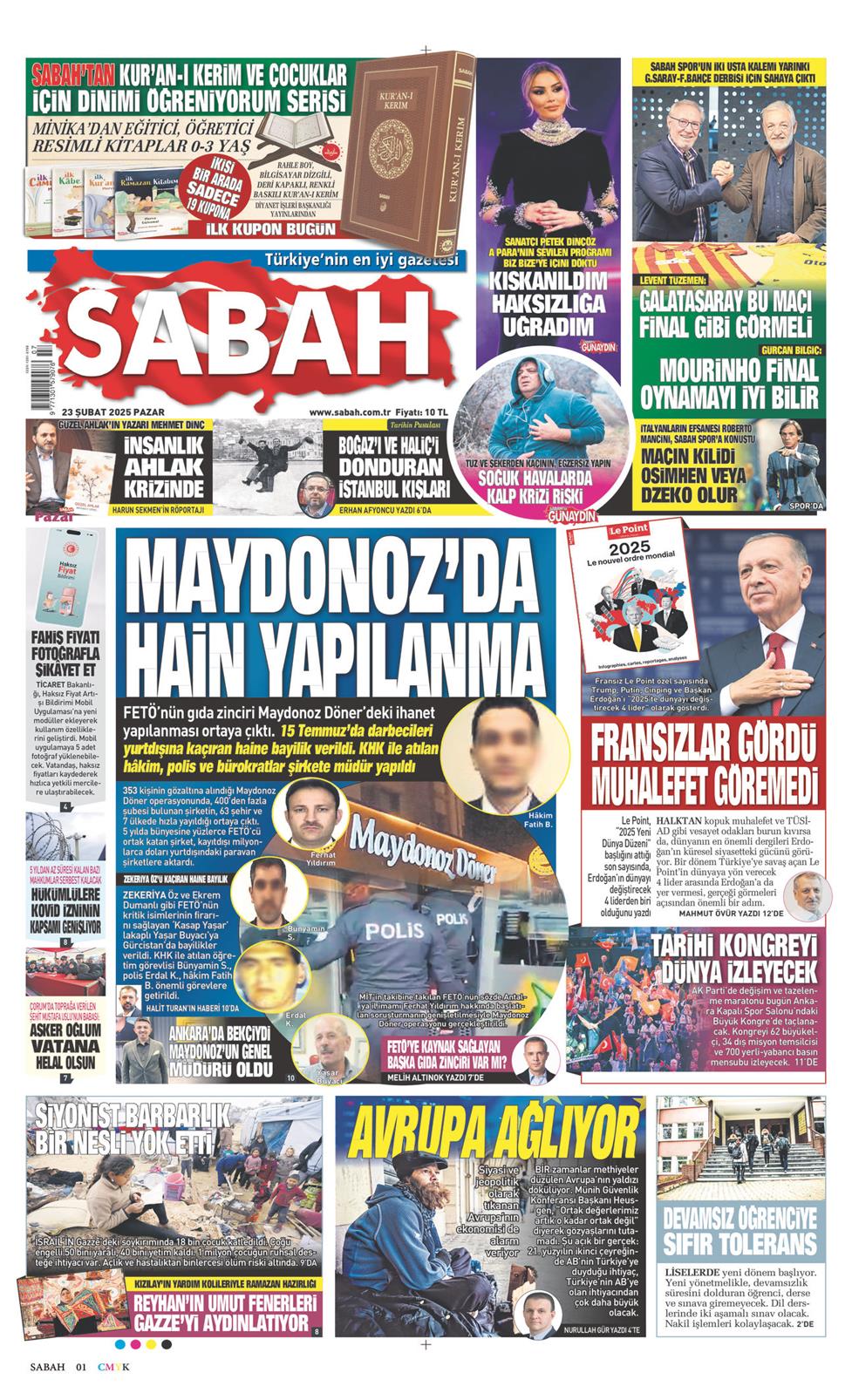 23 Şubat 2025 Pazar - Sabah gazetesi manşet