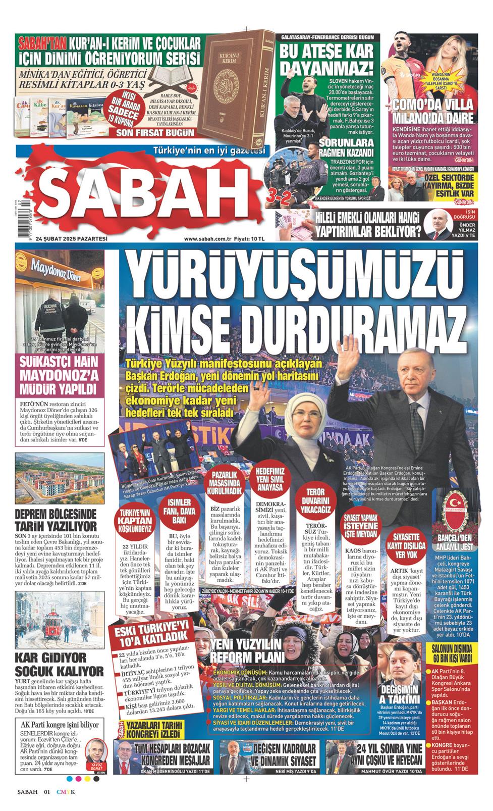 24 Şubat 2025 Pazartesi - Sabah gazetesi manşet