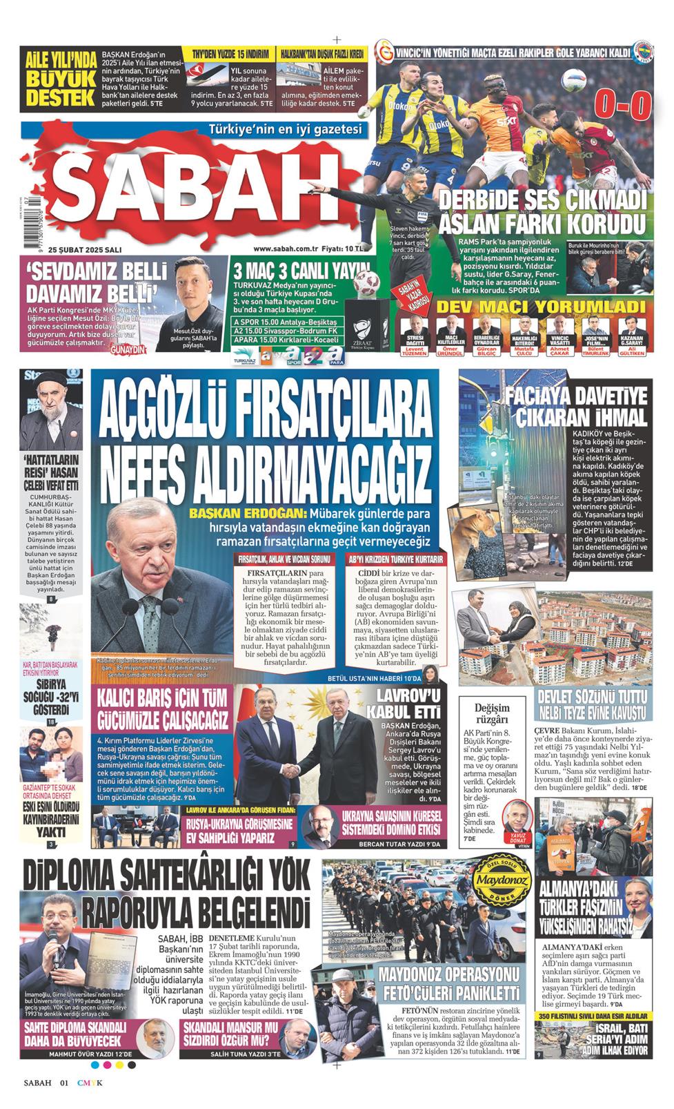 25 Şubat 2025 Salı - Sabah gazetesi manşet