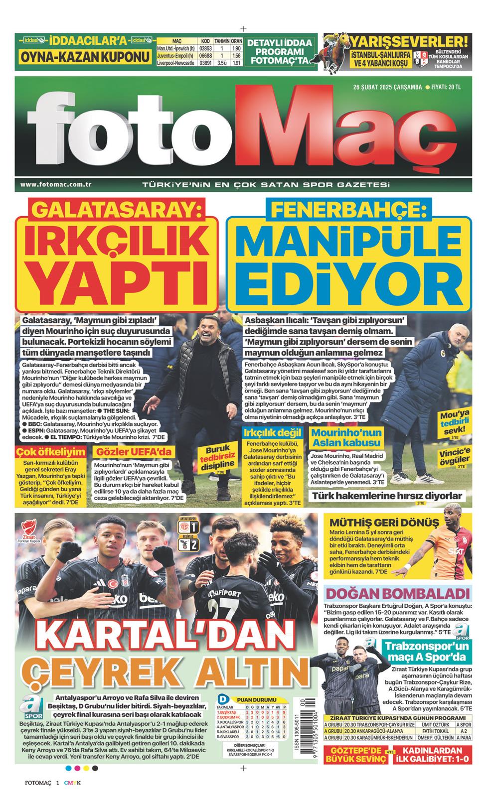 26 Şubat 2025 Çarşamba - Fotomaç gazetesi manşet