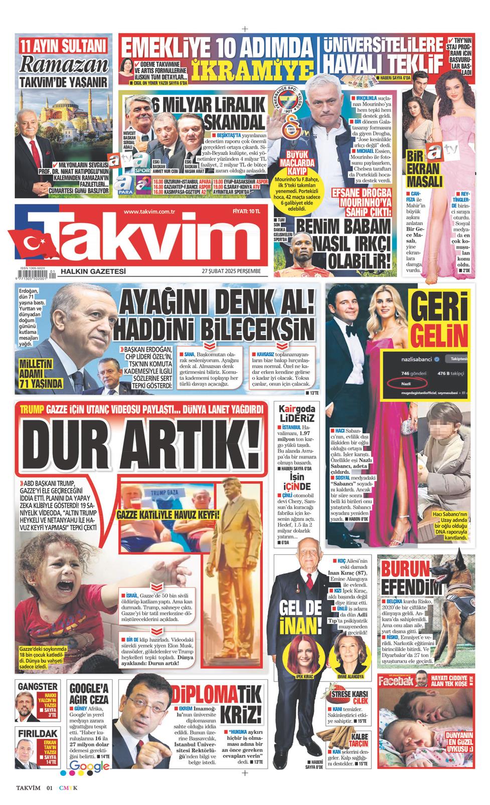 27 Şubat 2025 Perşembe - Takvim gazetesi manşet