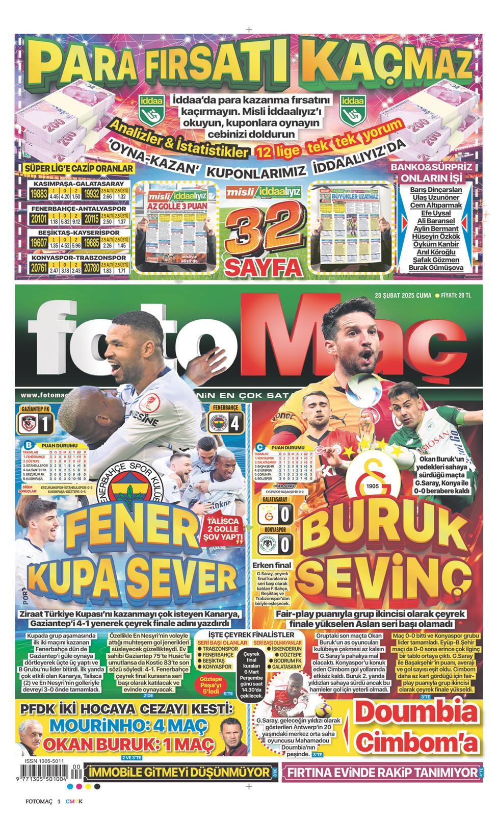 28 Şubat 2025 Cuma - Fotomaç gazetesi manşet