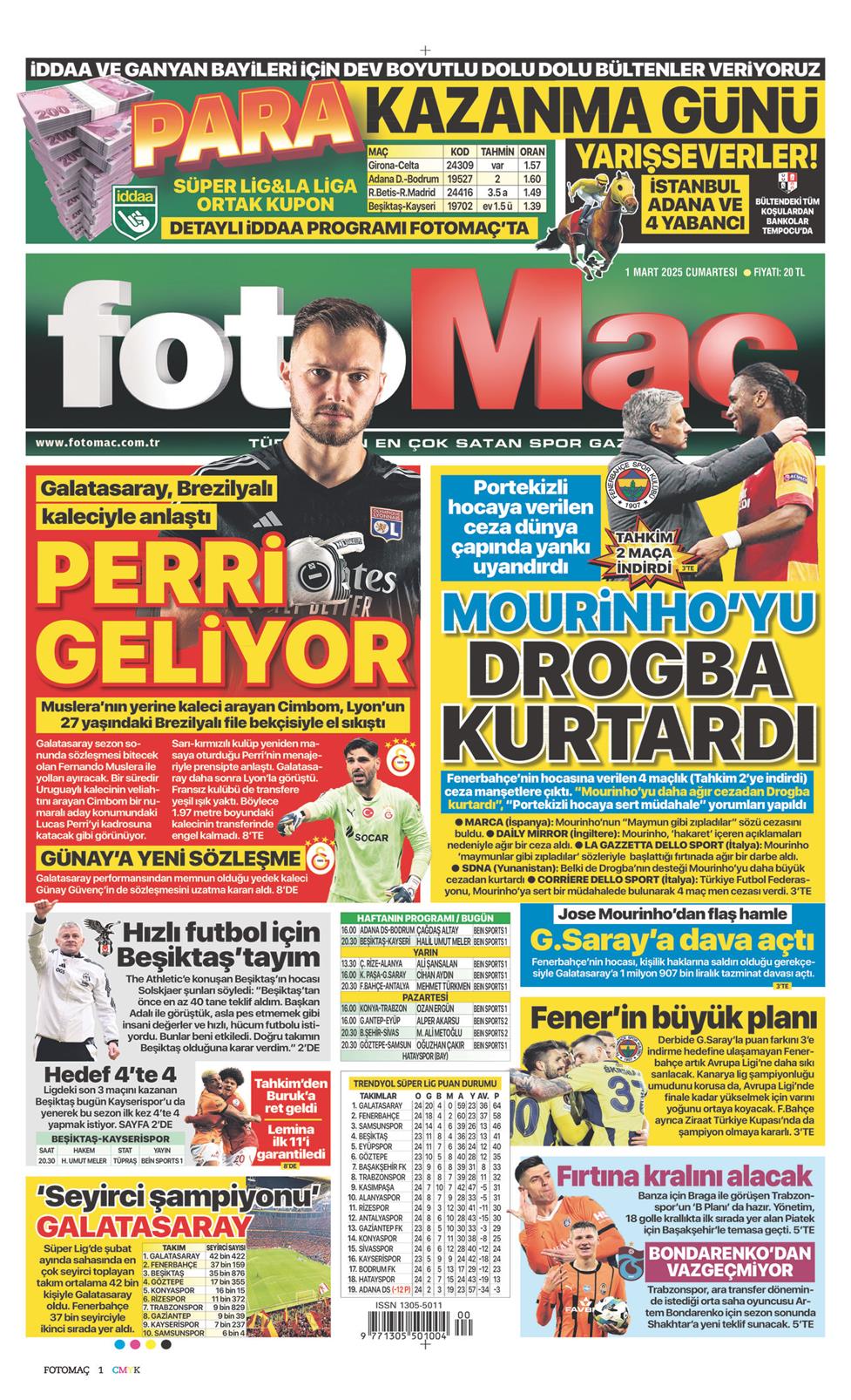 01 Mart 2025 Cumartesi - Fotomaç gazetesi manşet