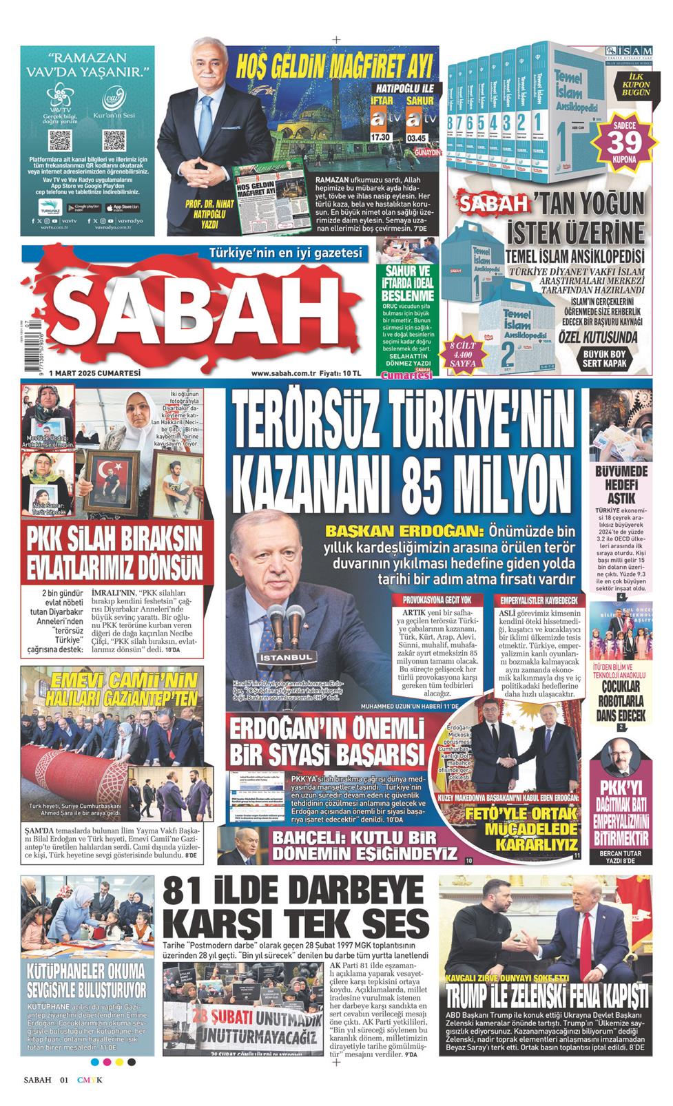 01 Mart 2025 Cumartesi - Sabah gazetesi manşet