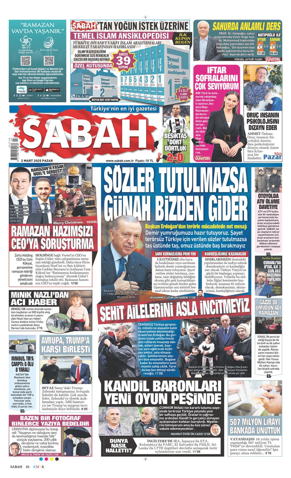 02 Mart 2025 Pazar - Sabah gazetesi manşet