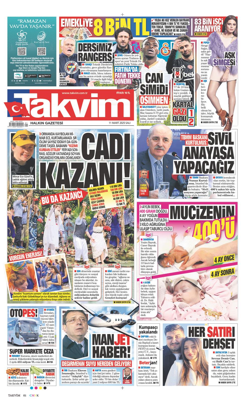 11 Mart 2025 Salı - Takvim gazetesi manşet