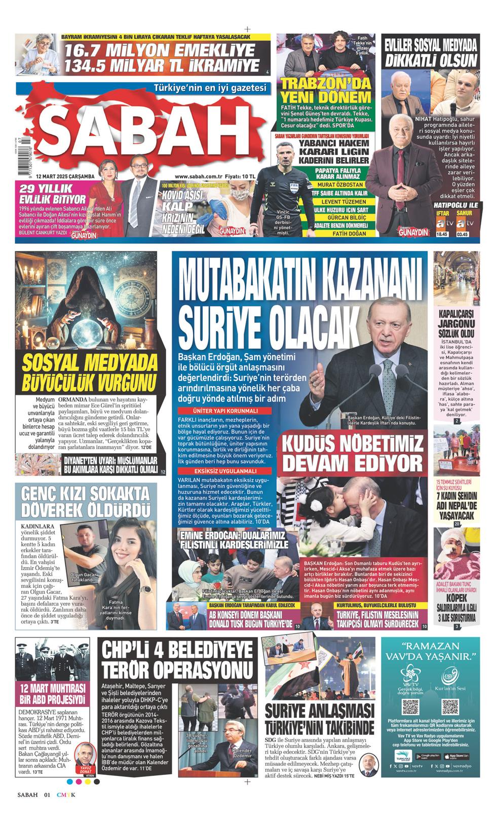 12 Mart 2025 Çarşamba - Sabah gazetesi manşet