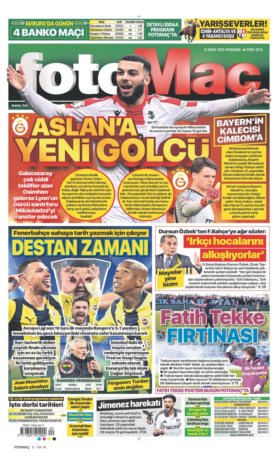 13 Mart 2025 Perşembe - Fotomaç gazetesi manşet