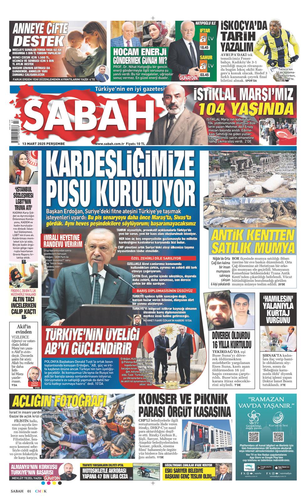 13 Mart 2025 Perşembe - Sabah gazetesi manşet