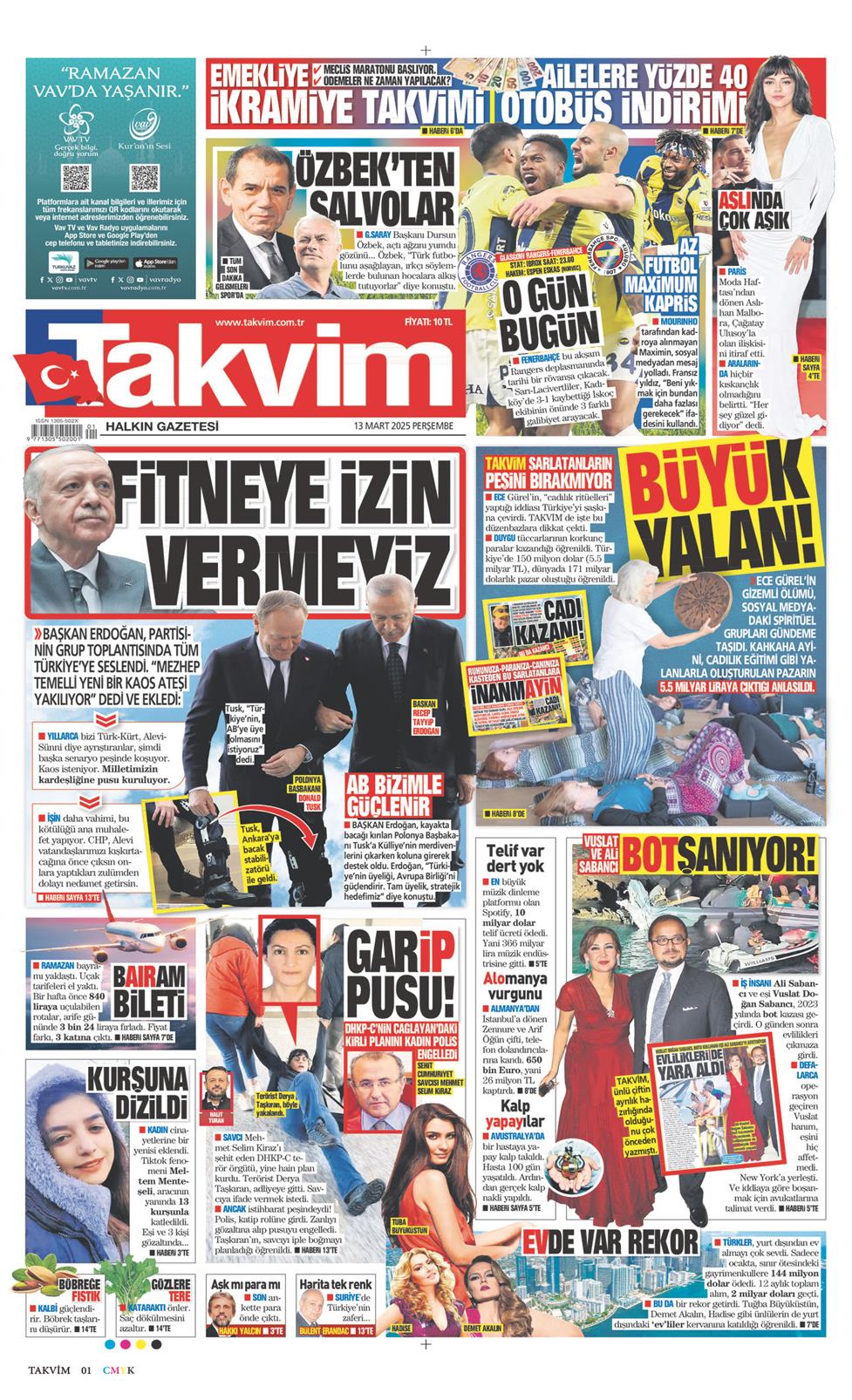 13 Mart 2025 Perşembe - Takvim gazetesi manşet
