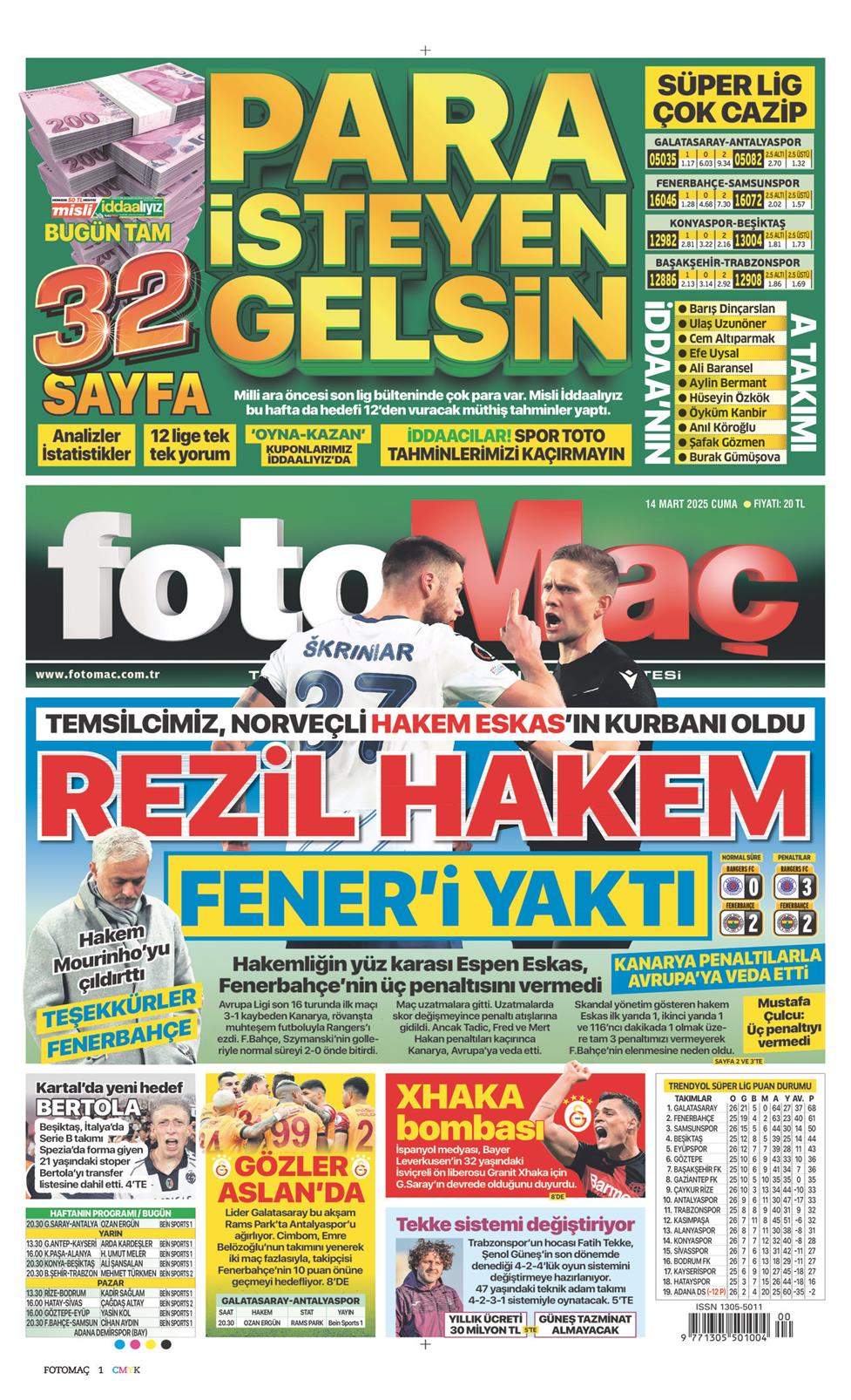 14 Mart 2025 Cuma - Fotomaç gazetesi manşet
