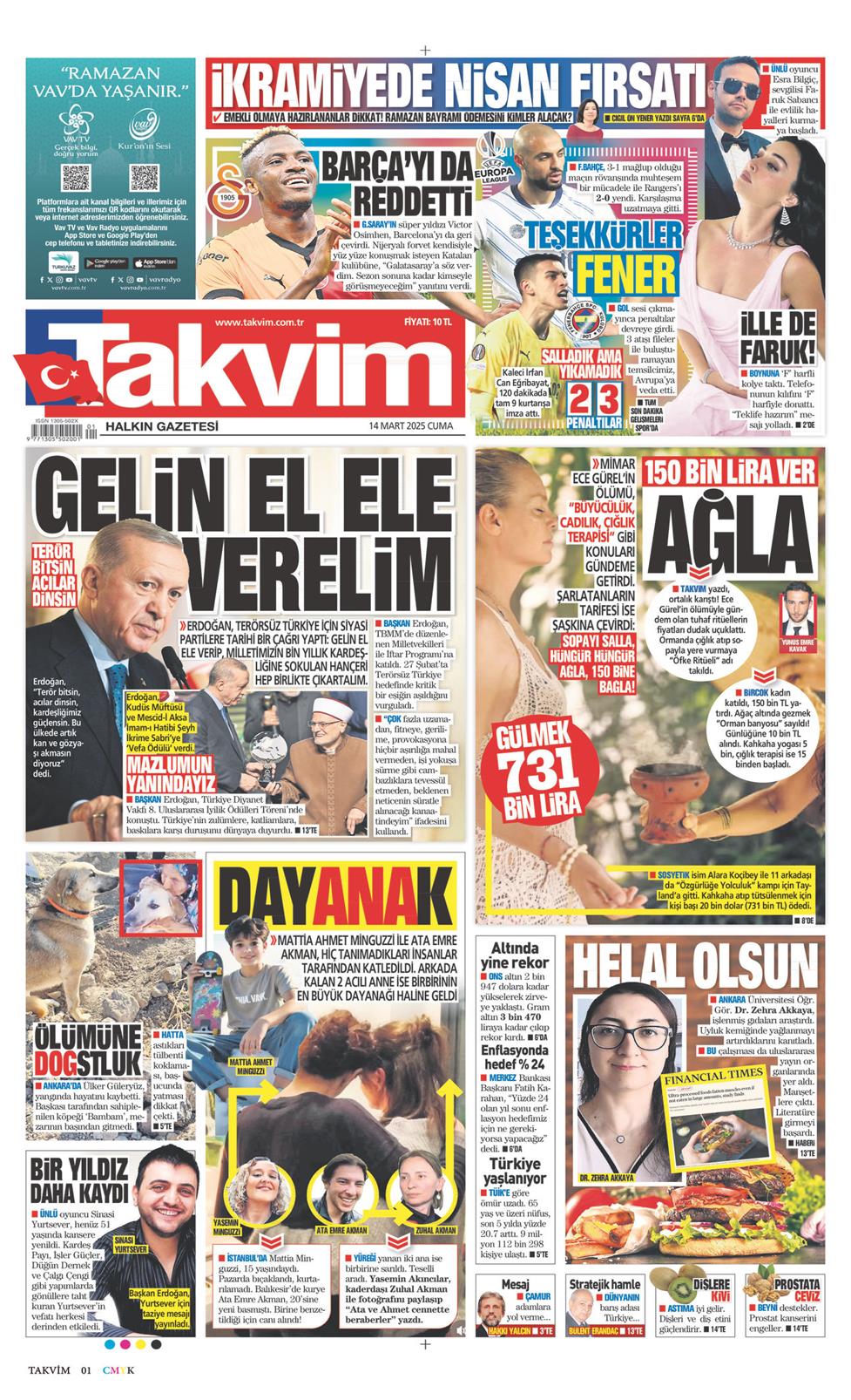 14 Mart 2025 Cuma - Takvim gazetesi manşet