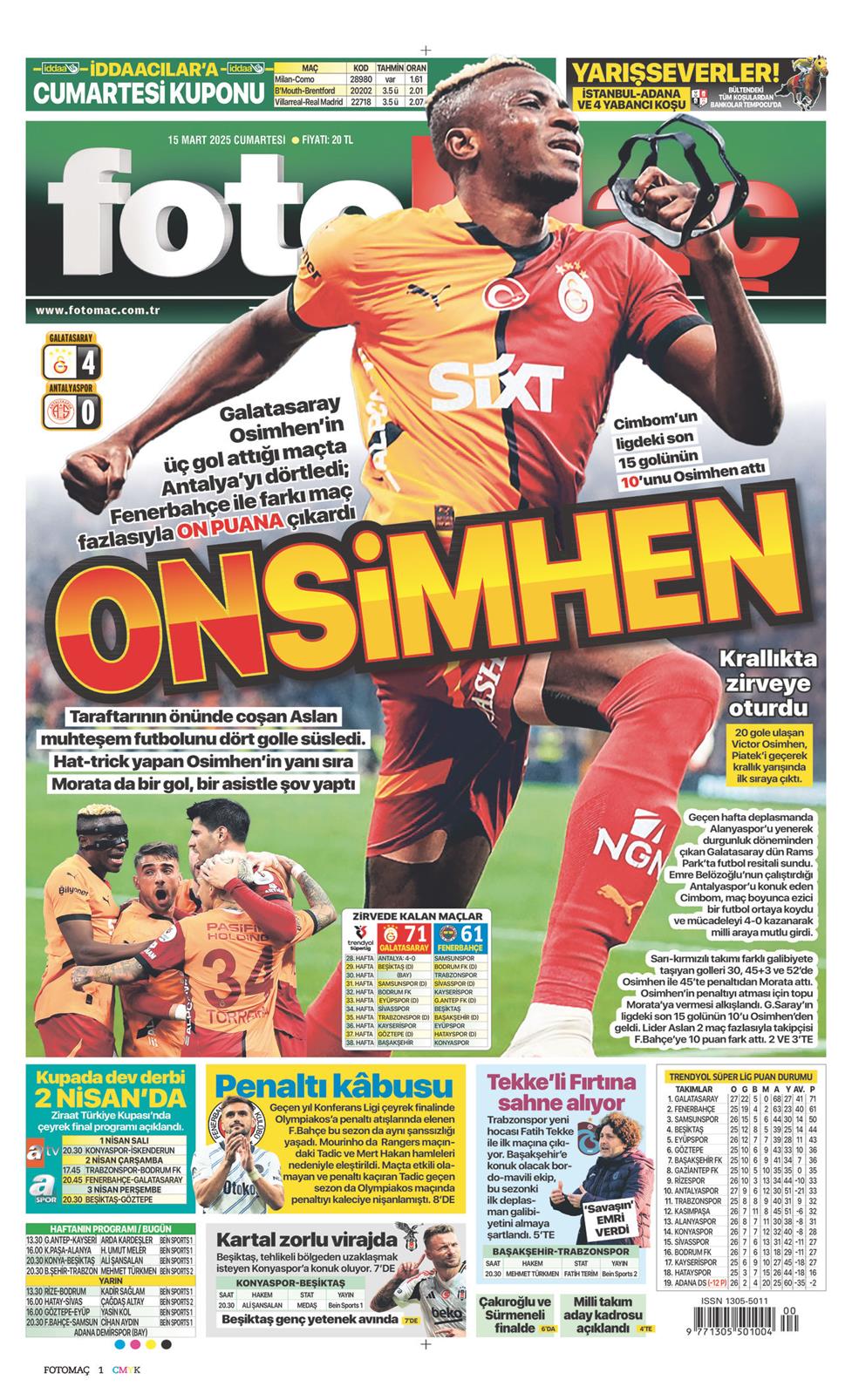 15 Mart 2025 Cumartesi - Fotomaç gazetesi manşet