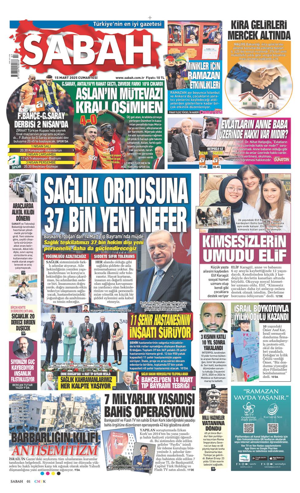 15 Mart 2025 Cumartesi - Sabah gazetesi manşet