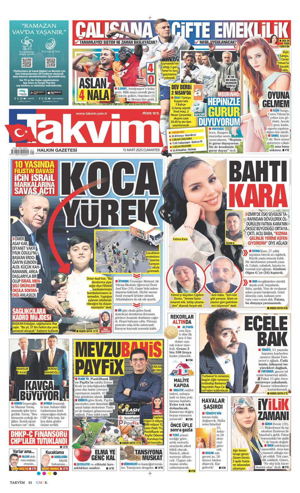 15 Mart 2025 Cumartesi - Takvim gazetesi manşet