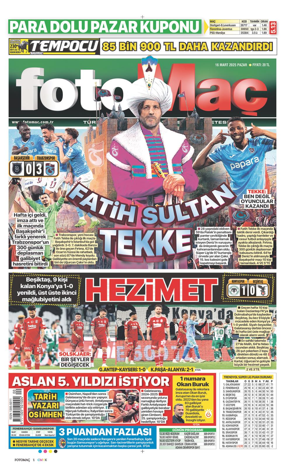 16 Mart 2025 Pazar - Fotomaç gazetesi manşet