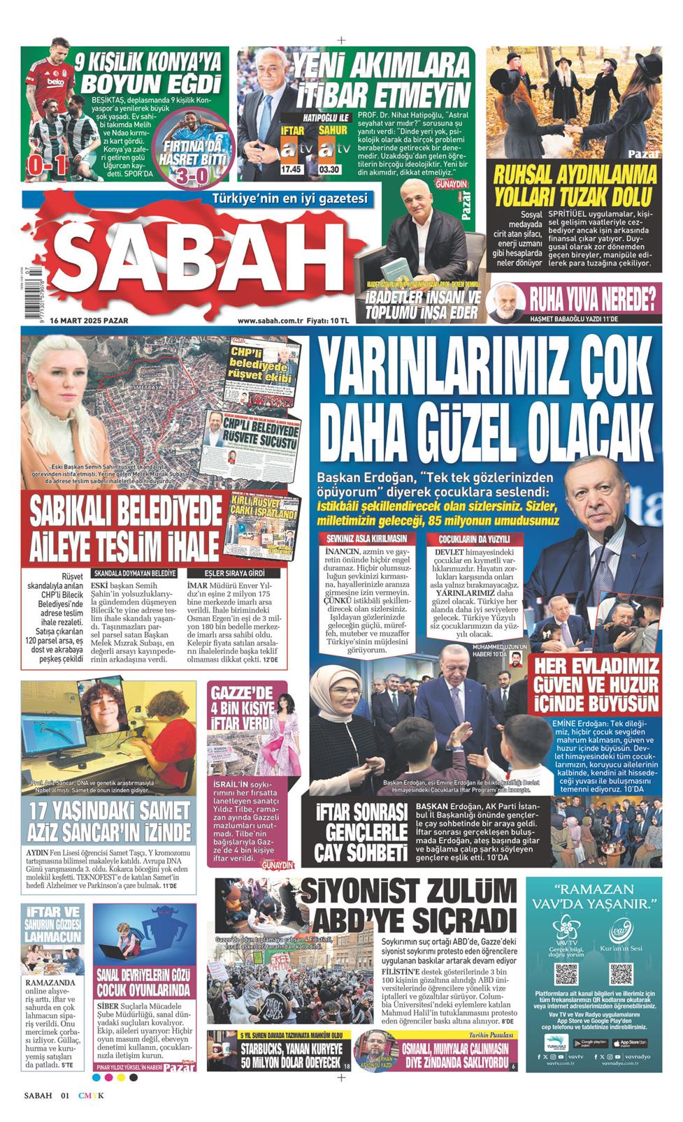 16 Mart 2025 Pazar - Sabah gazetesi manşet