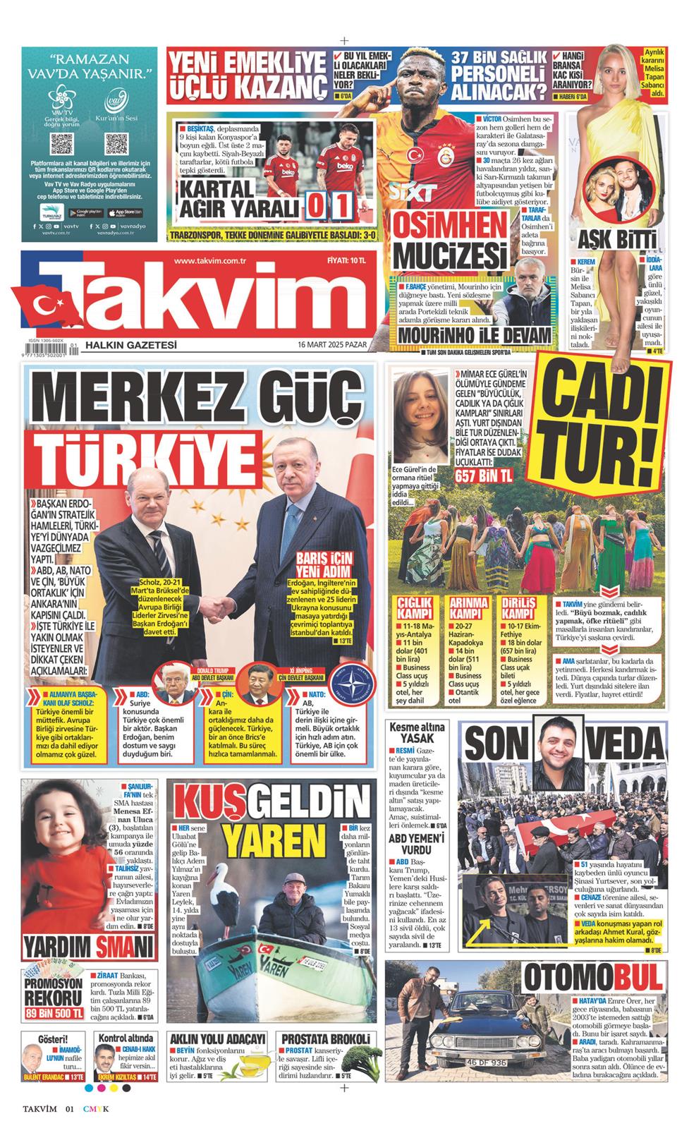 16 Mart 2025 Pazar - Takvim gazetesi manşet
