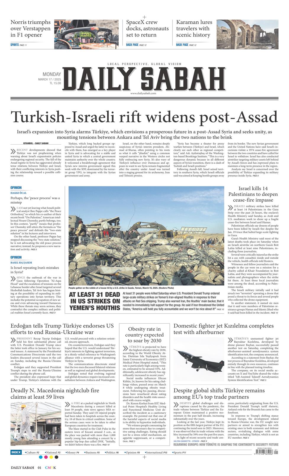 17 Mart 2025 Pazartesi - Daily Sabah gazetesi manşet
