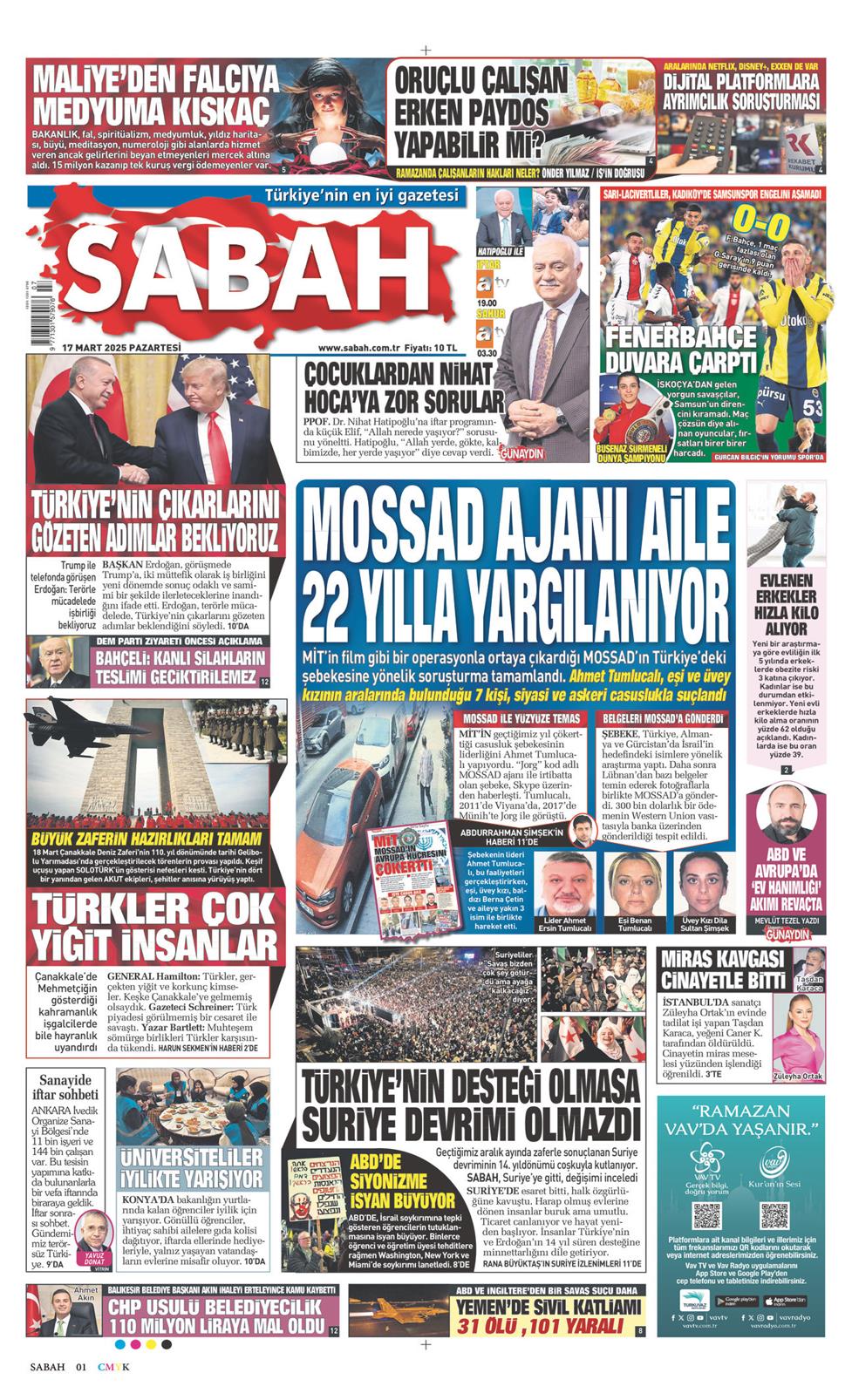 17 Mart 2025 Pazartesi - Sabah gazetesi manşet