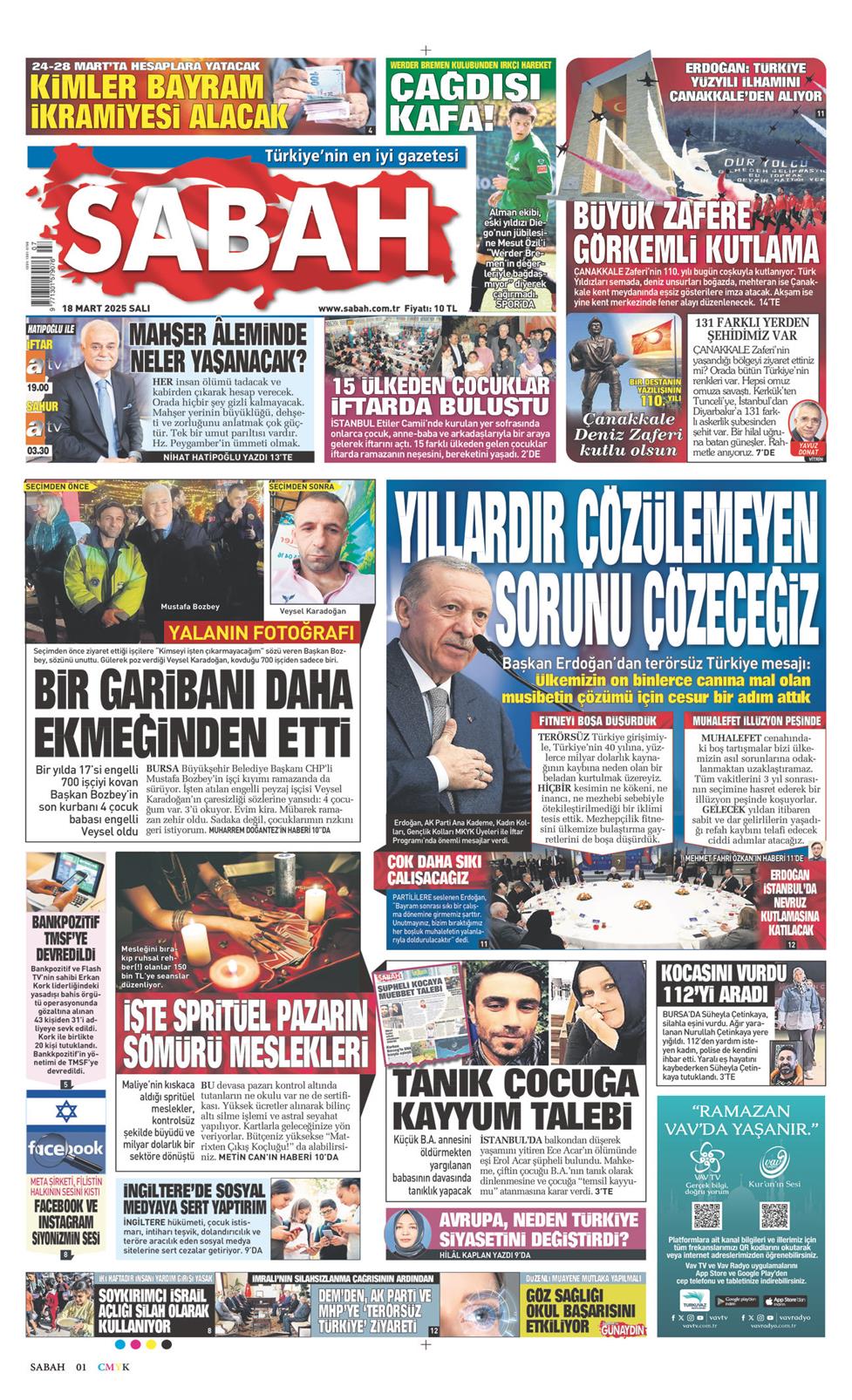 18 Mart 2025 Salı - Sabah gazetesi manşet