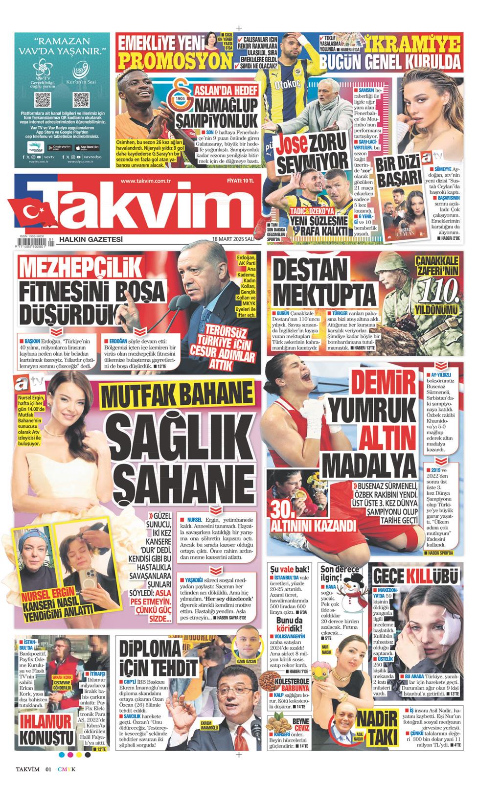 18 Mart 2025 Salı - Takvim gazetesi manşet