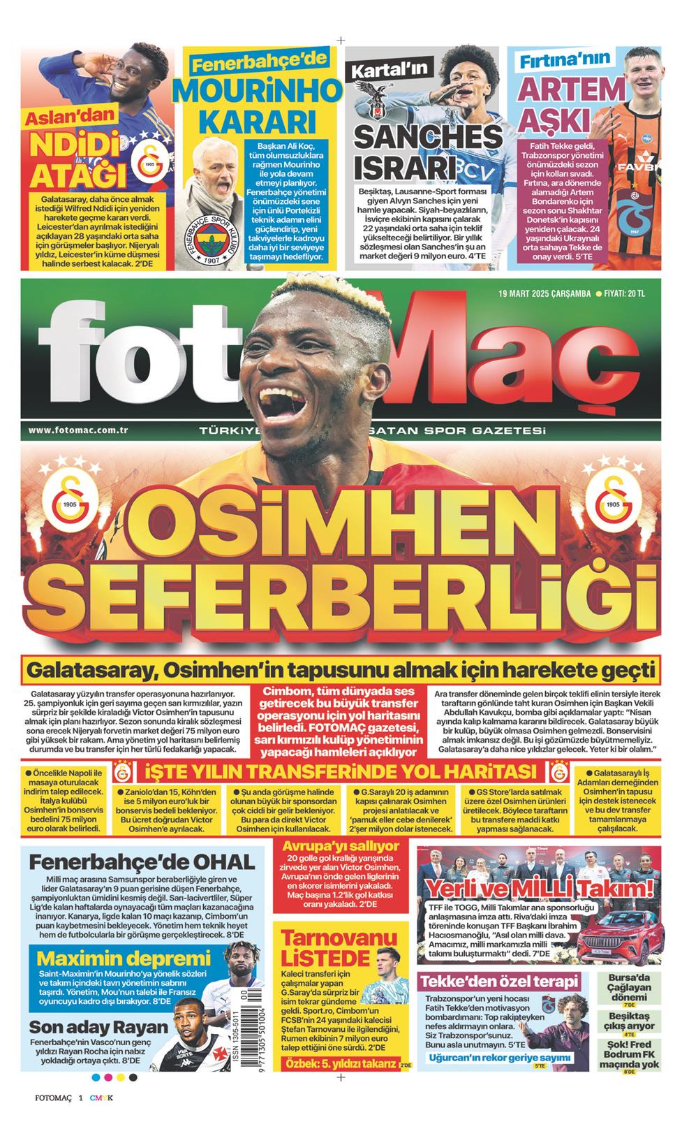 19 Mart 2025 Çarşamba - Fotomaç gazetesi manşet