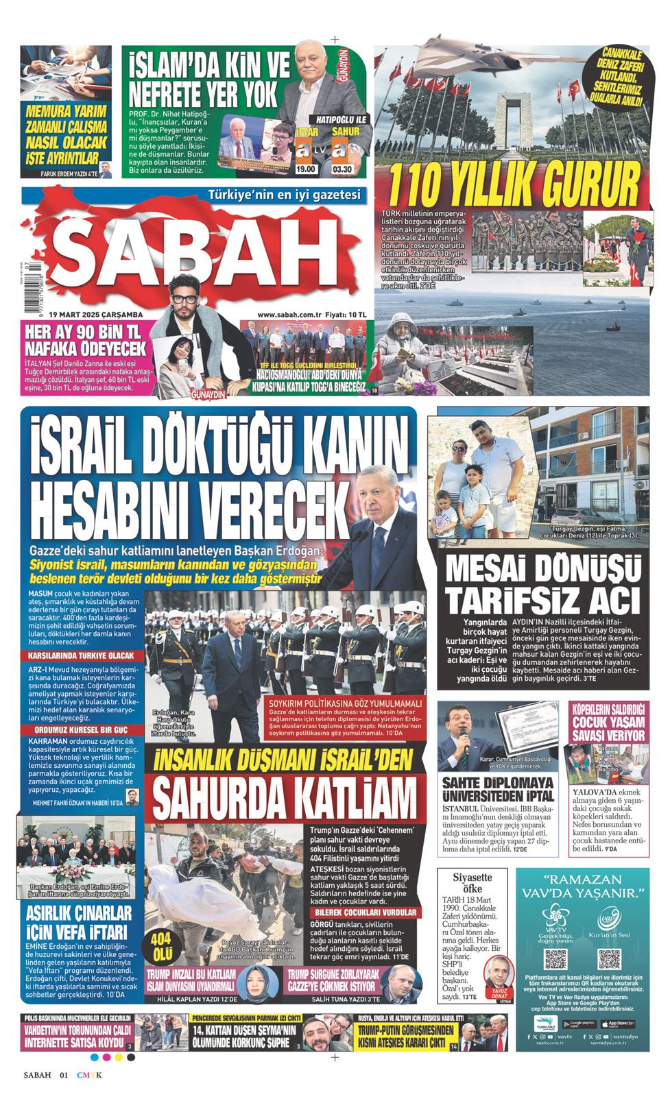 19 Mart 2025 Çarşamba - Sabah gazetesi manşet