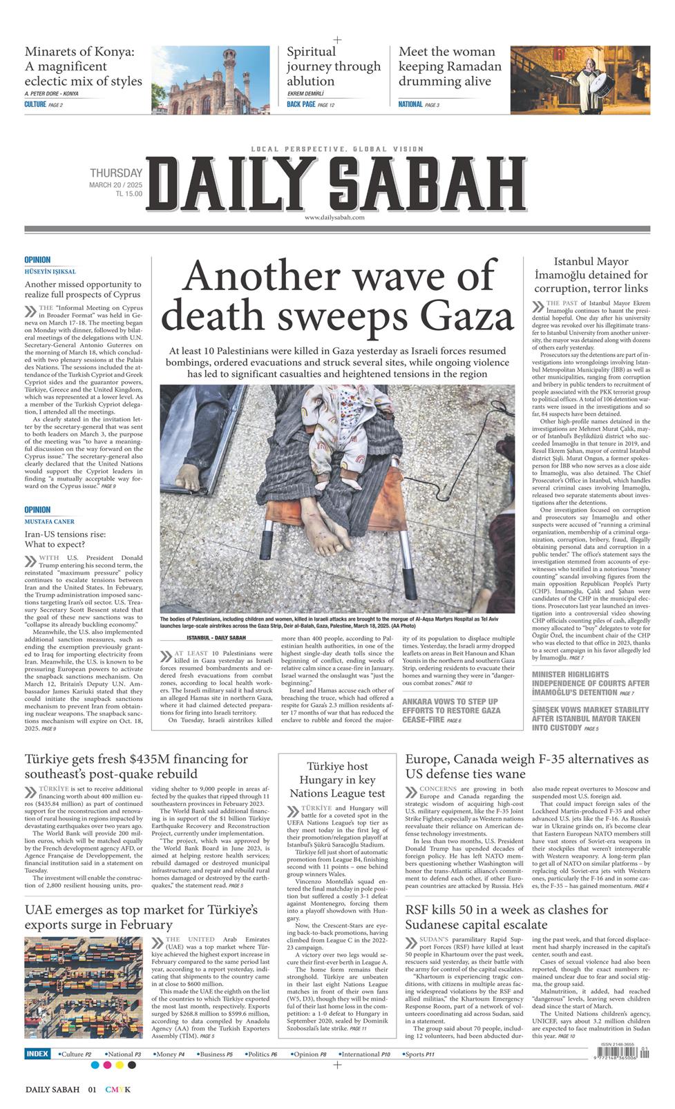 20 Mart 2025 Perşembe - Daily Sabah gazetesi manşet