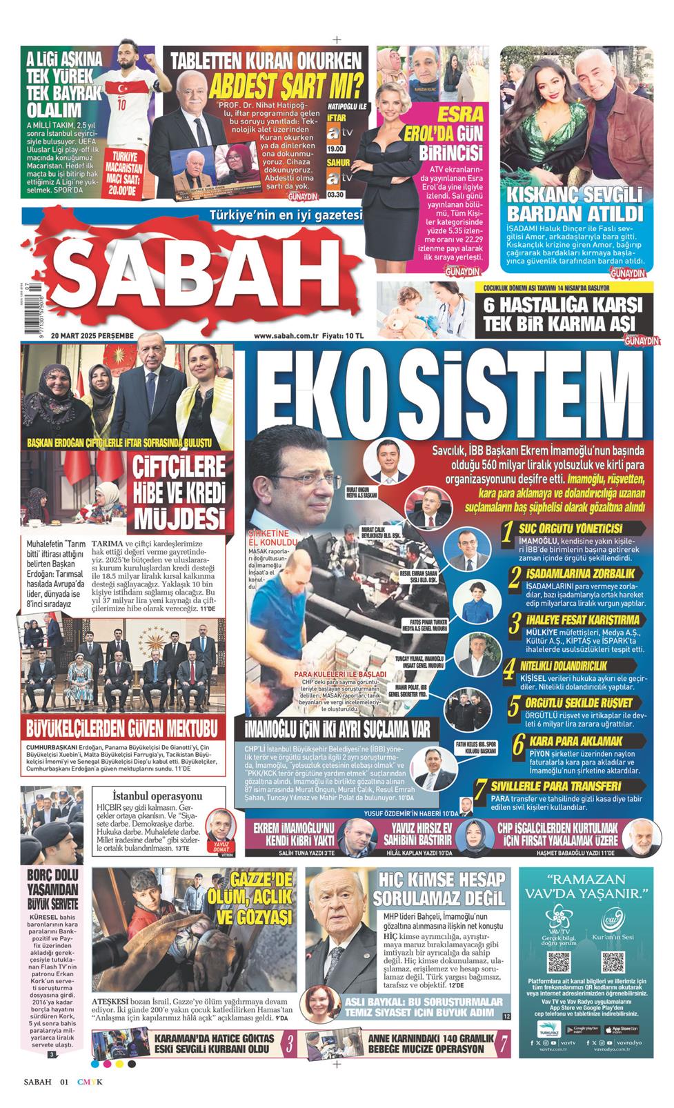20 Mart 2025 Perşembe - Sabah gazetesi manşet