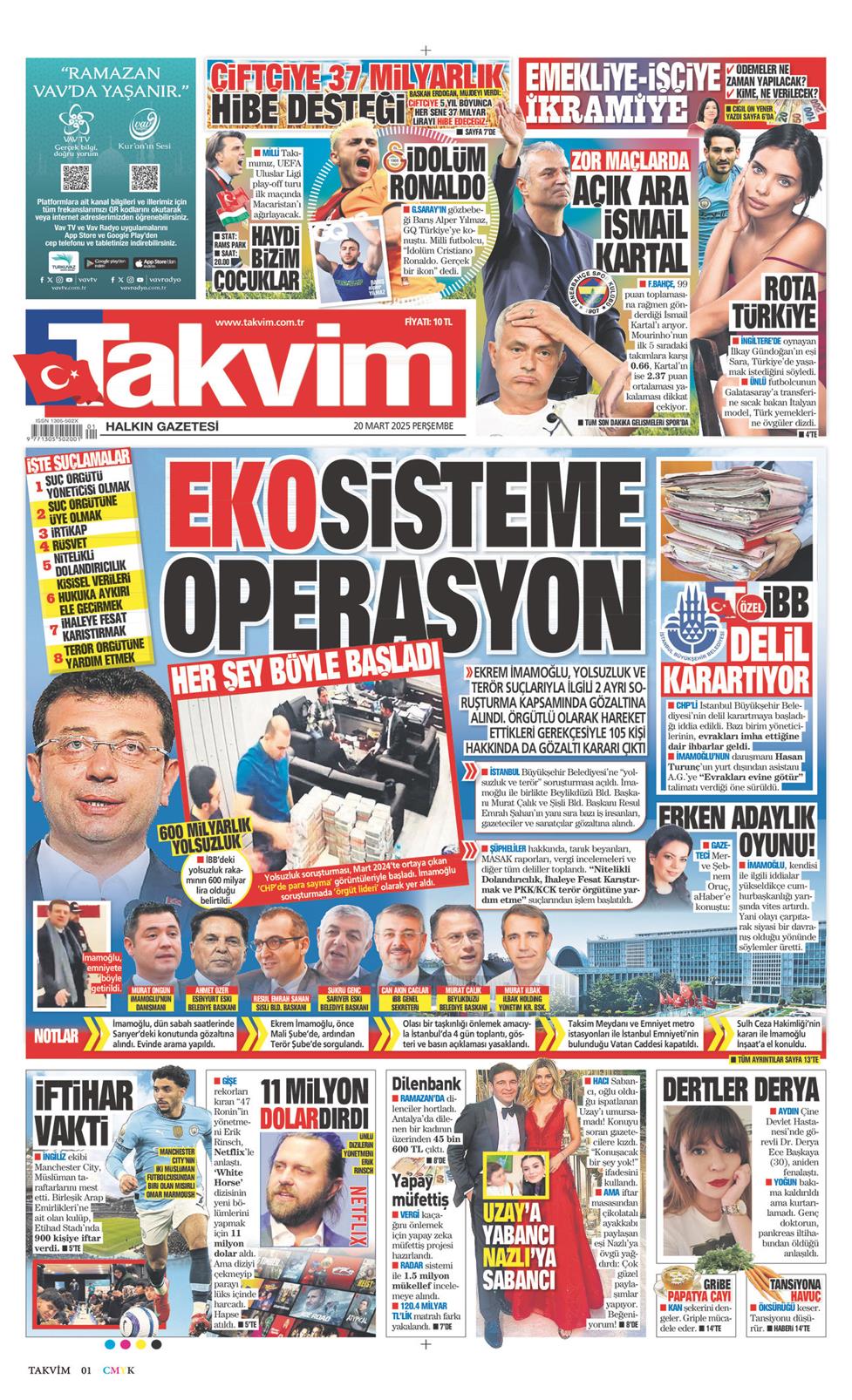 20 Mart 2025 Perşembe - Takvim gazetesi manşet