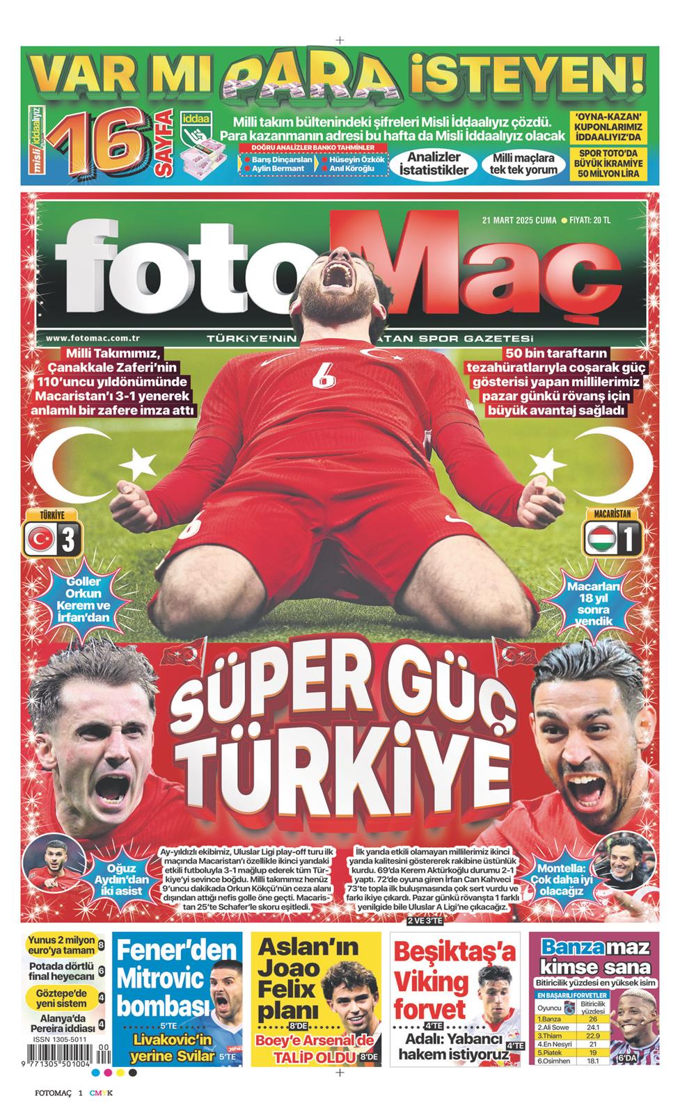 21 Mart 2025 Cuma - Fotomaç gazetesi manşet