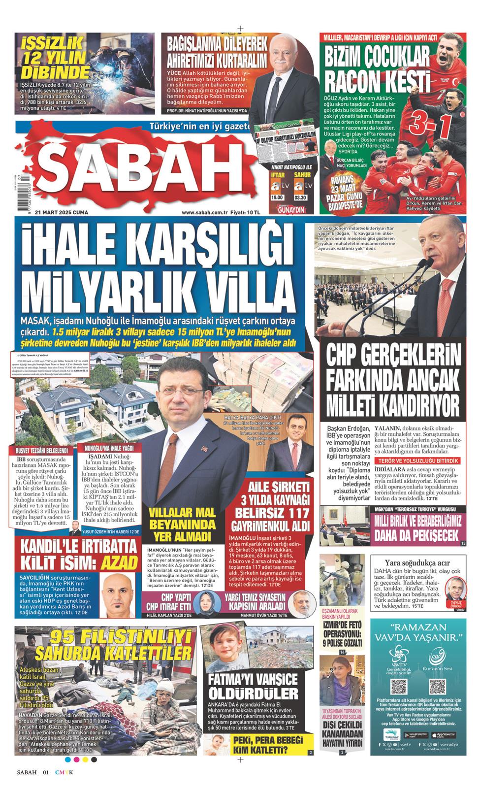 21 Mart 2025 Cuma - Sabah gazetesi manşet