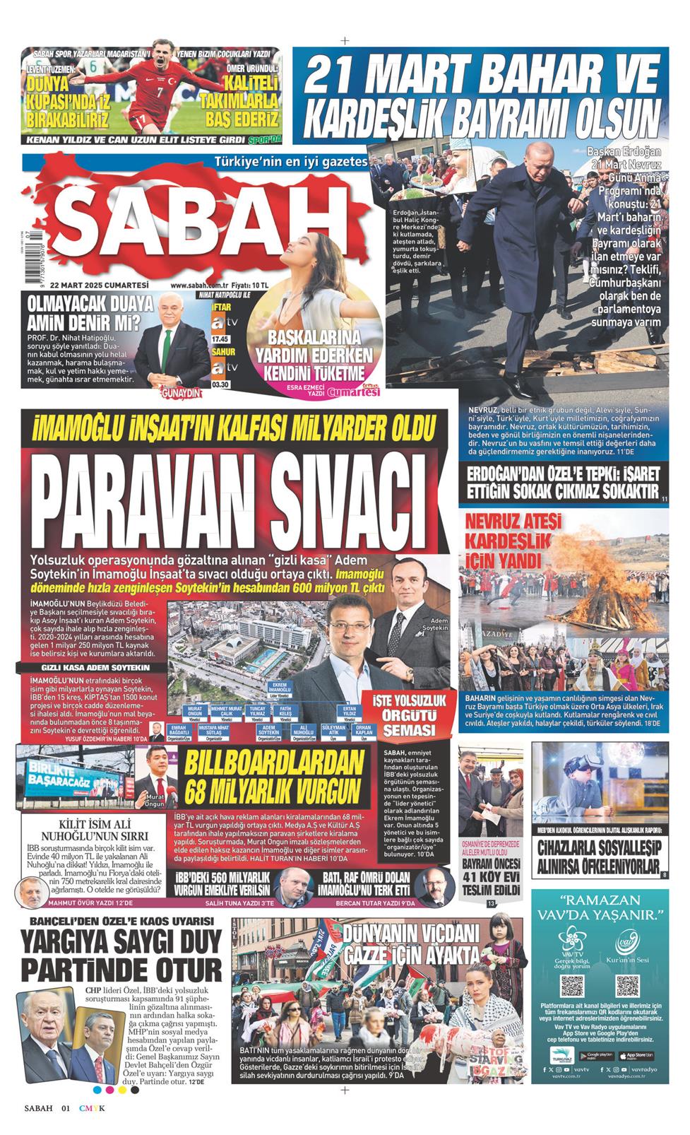 22 Mart 2025 Cumartesi - Sabah gazetesi manşet