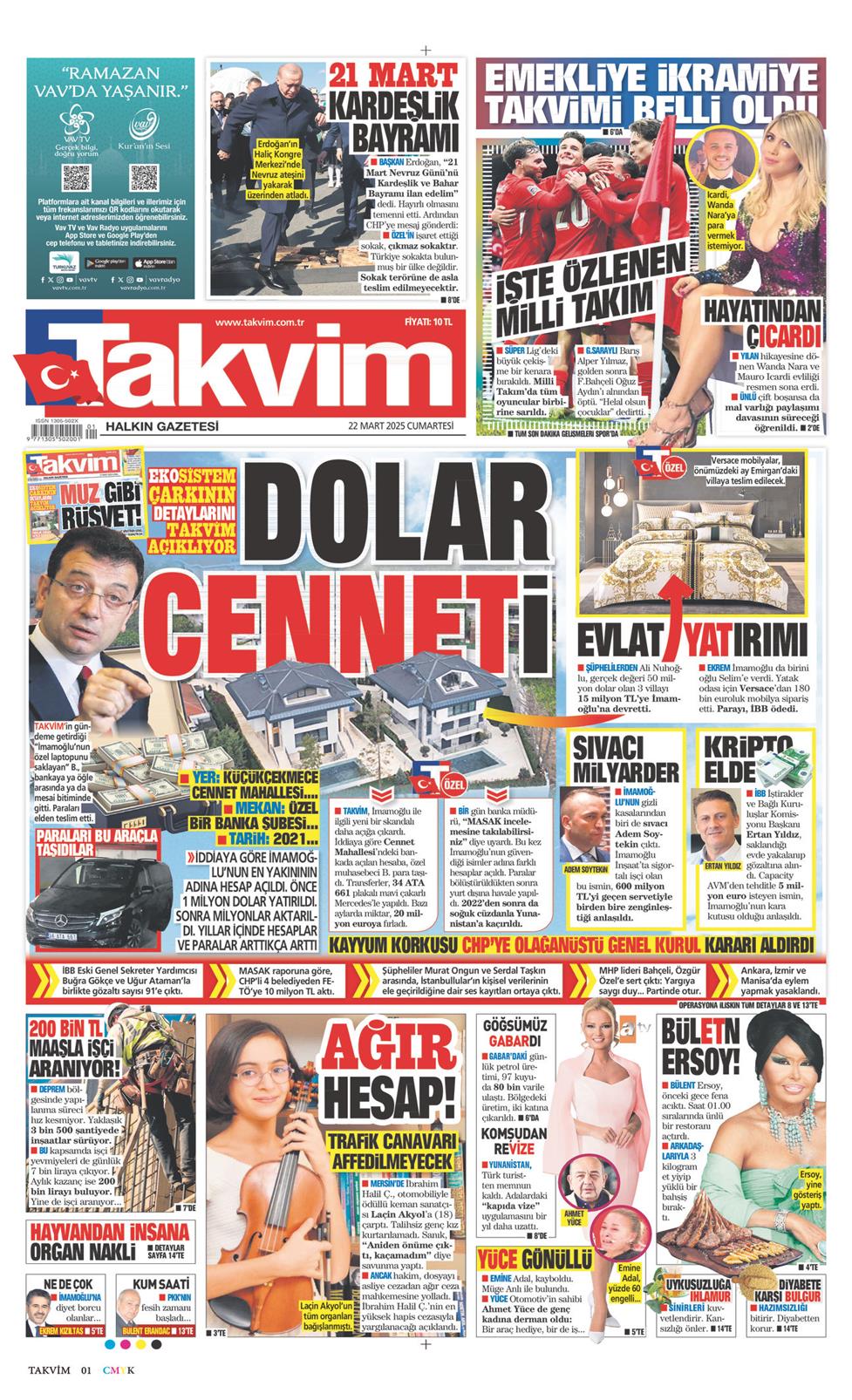 22 Mart 2025 Cumartesi - Takvim gazetesi manşet