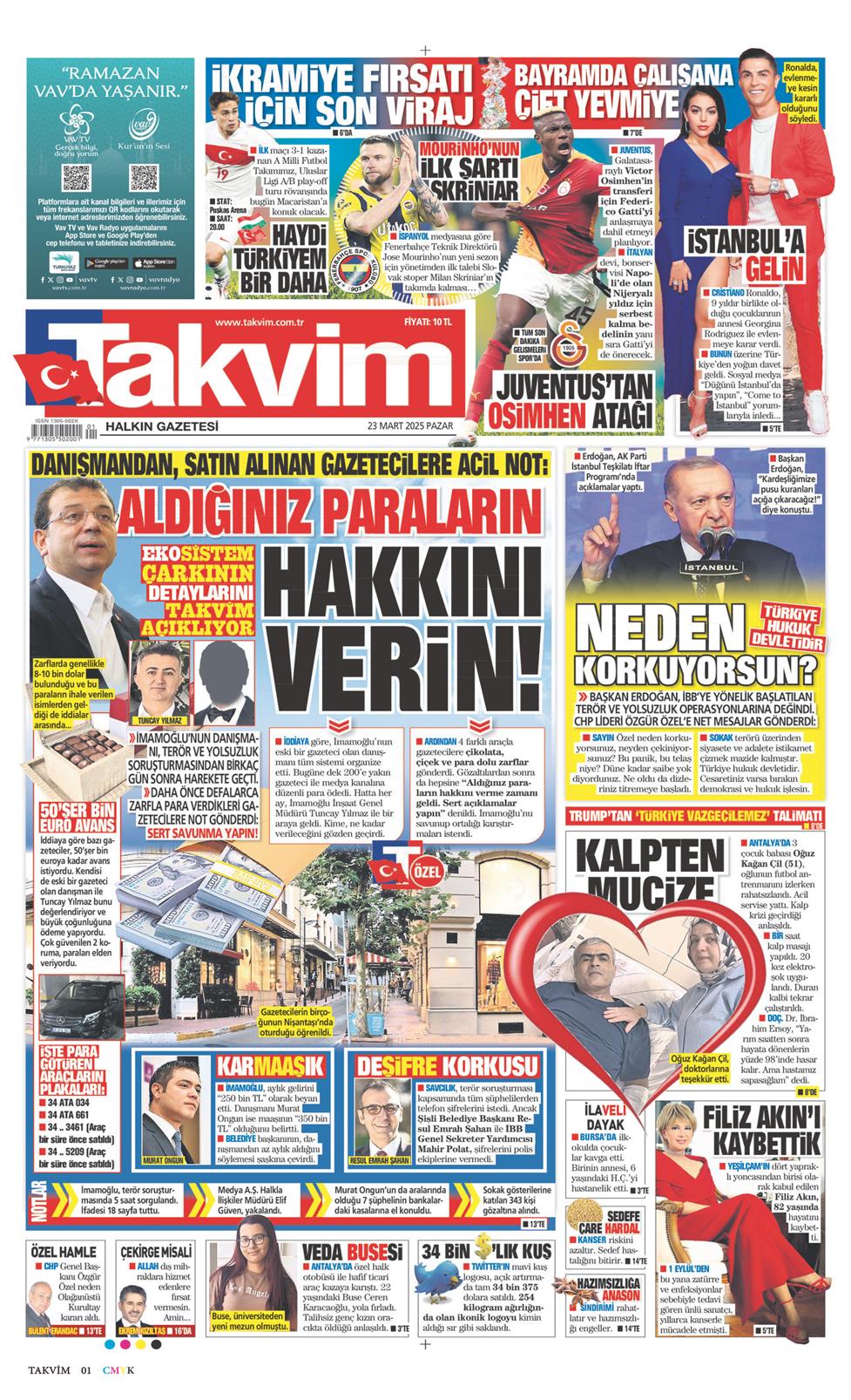 23 Mart 2025 Pazar - Takvim gazetesi manşet
