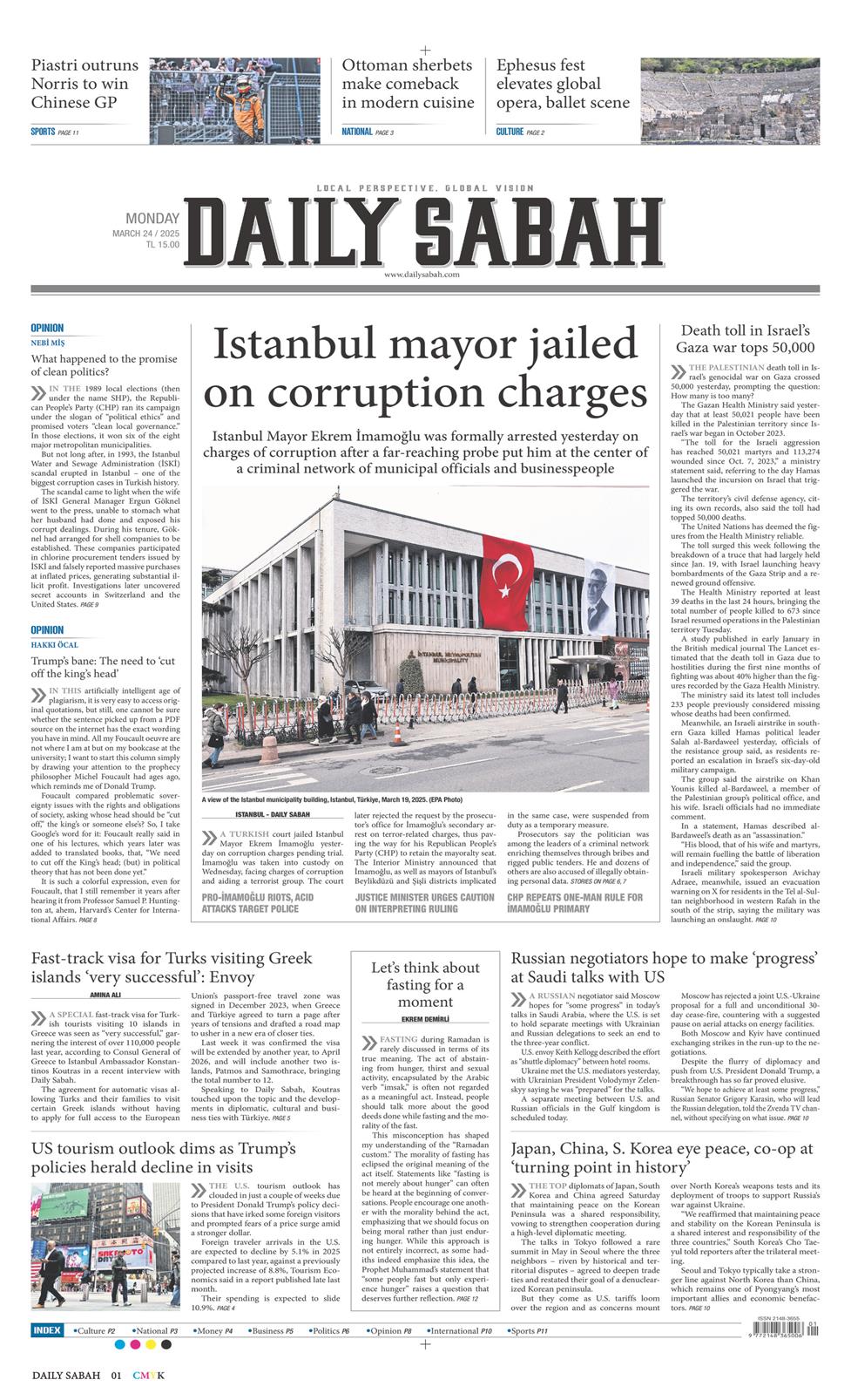 24 Mart 2025 Pazartesi - Daily Sabah gazetesi manşet
