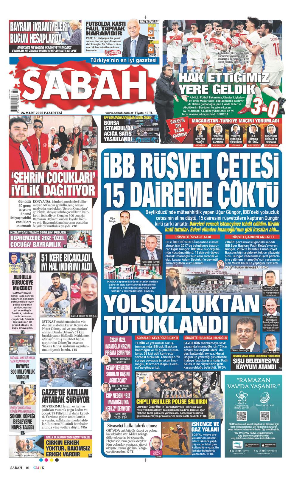 24 Mart 2025 Pazartesi - Sabah gazetesi manşet